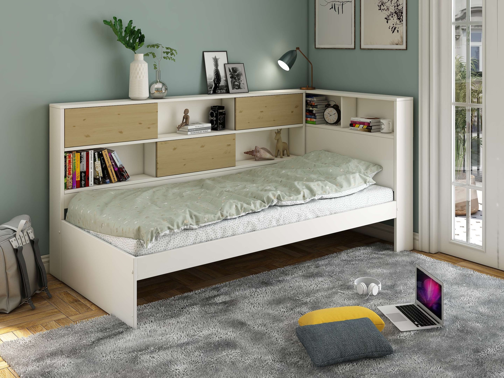 Home affaire Stauraumbett »Amance, Massivholz mit MDF, viel Stauraum, ideal für kleine Räume«, (Außenmaße B/T/H: 110,2/220,1/106,9 cm), FSC® zertifiziert, inklusive Lattenrost, Made in EU
