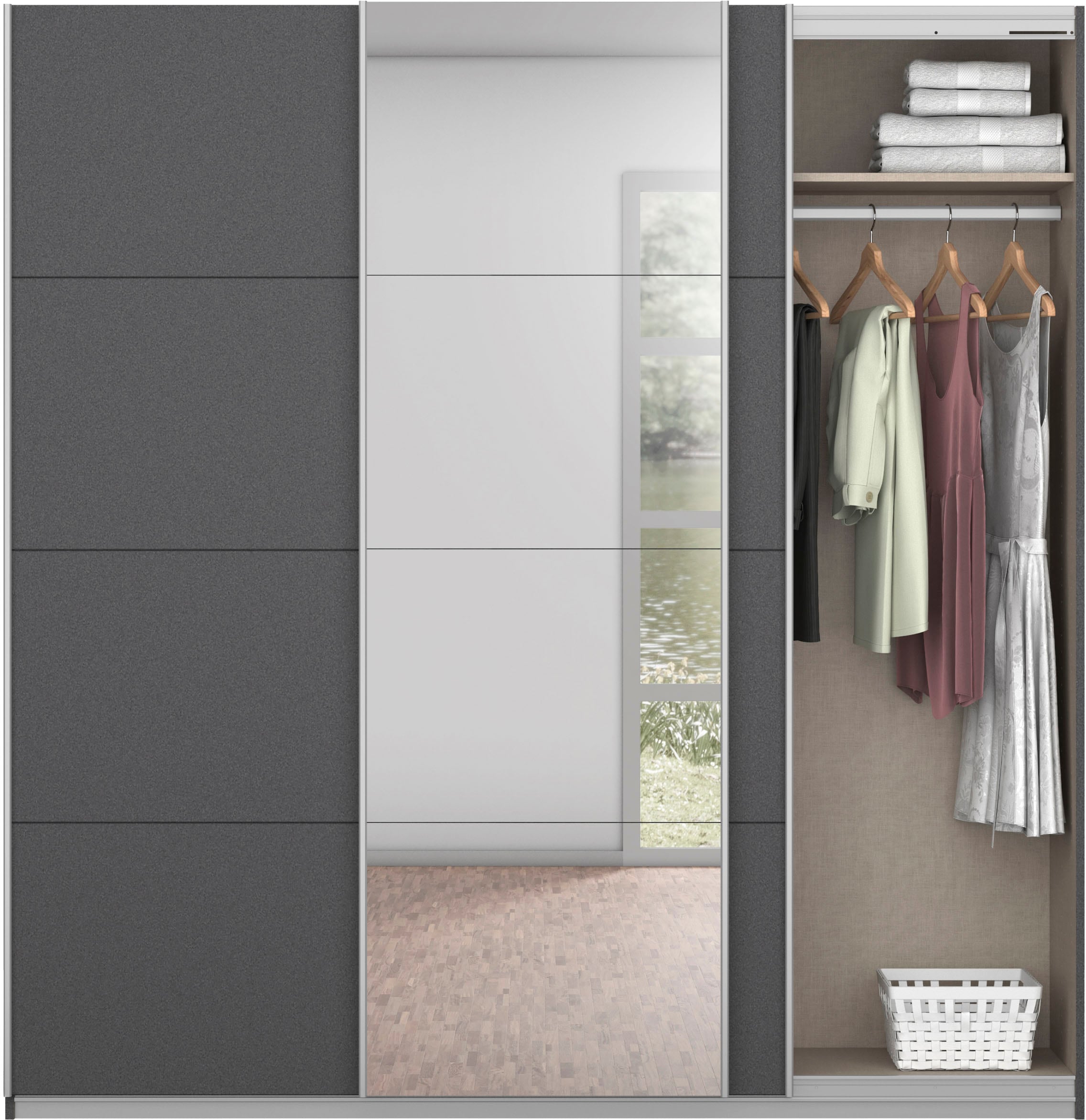 rauch Schwebetürenschrank »Kleiderschrank Schrank Garderobe KOLUNA mit Spiegel« 3 Ausstattungen BASIC/CLASSIC/PREMIUM (inkl. SOFT-CLOSE-FUNKTION),  Breiten 203/271/315/360 cm Höhen 210/229 cm MADE IN GERMANY