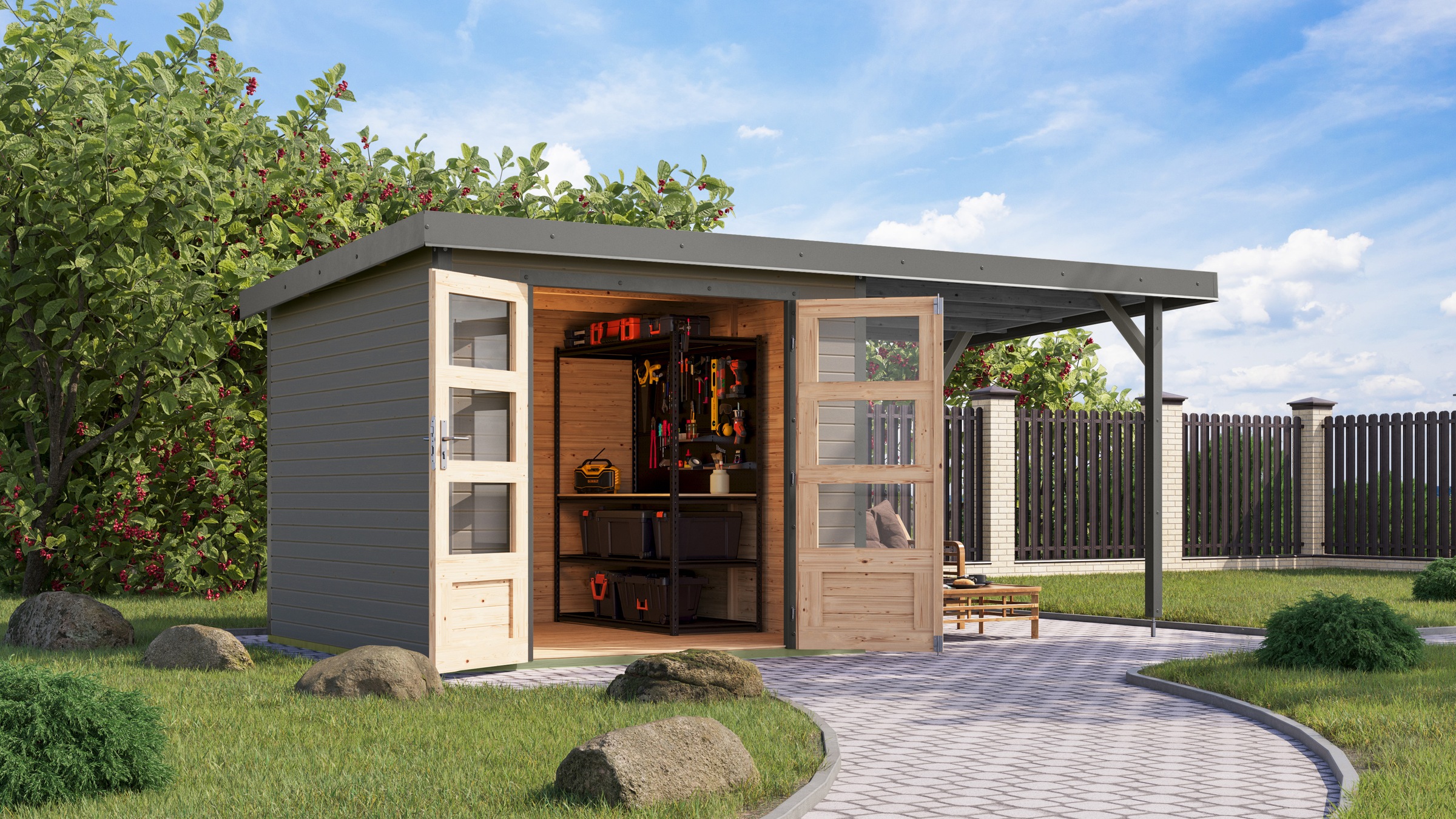 Gartenhaus KARIBU, grau, Holz, Stahl, Gartenhäuser, ""Jupiter 3,5 D" SET wassergrau, mit Anbaudach 2,35 m breit", hochwertige Materialien: nordische