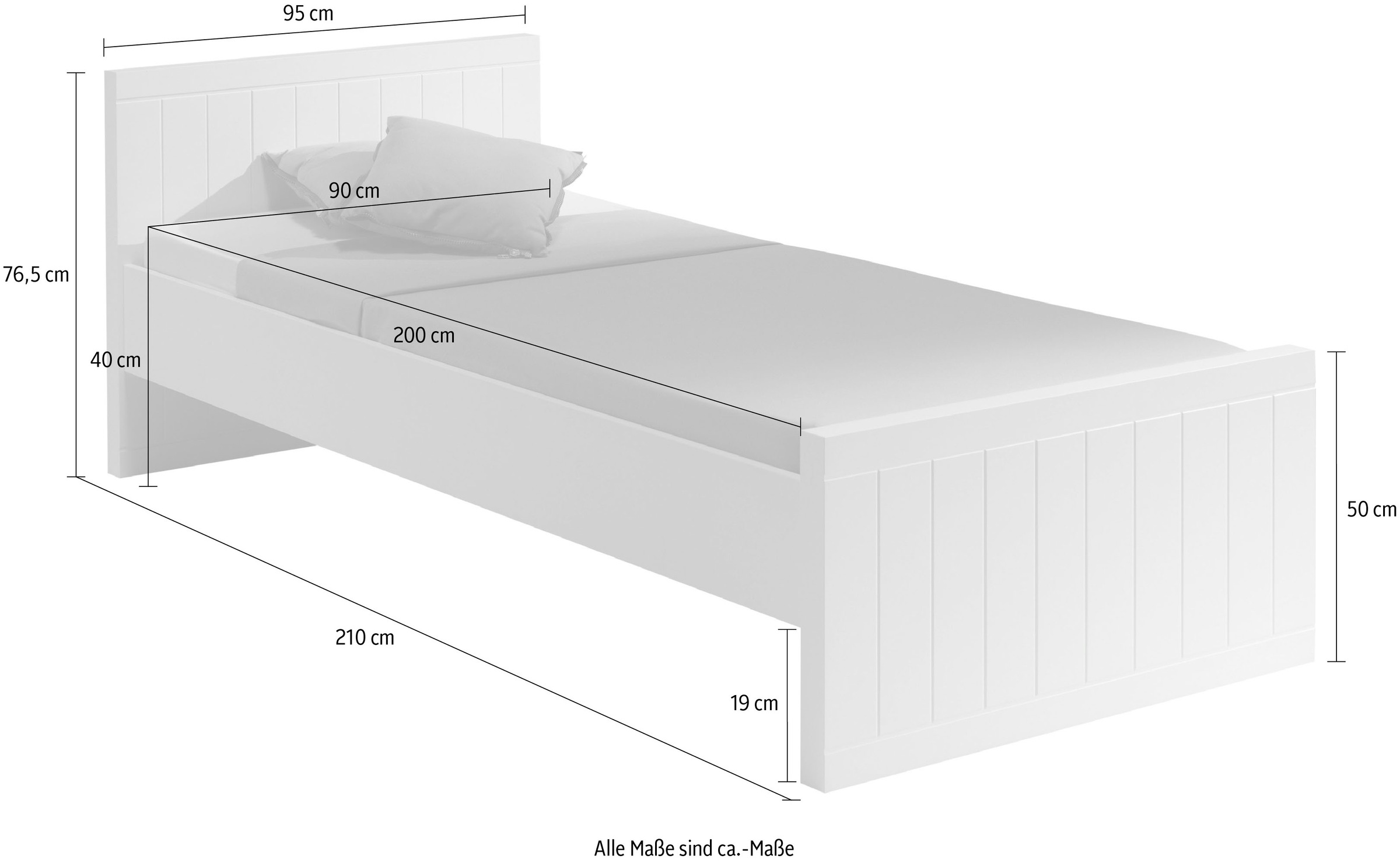Vipack Einzelbett »Robin, Liegefläche 90/200 cm, MDF weiß lackiert, gradliniges Desin«, (B/H/T ca. 210x76,5x95cm, ohne Lattenrost, Kopf-/Fußteil 58 mm stark)