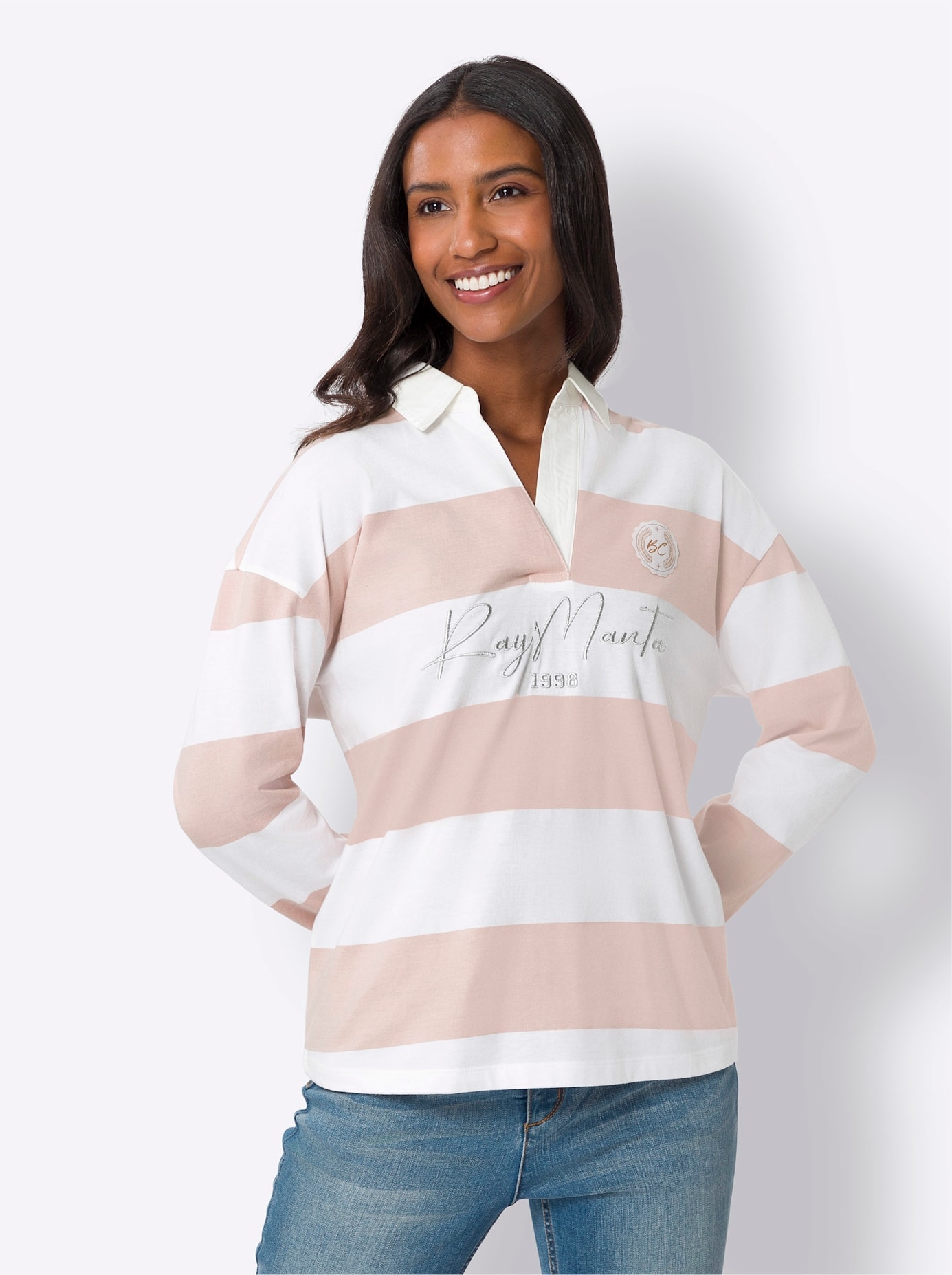 Poloshirt HEINE "Poloshirt", Damen, Gr. 38, beige (puder, ecru, bedruckt), 100% Baumwolle, gemustert, mehrfarbig, V-Ausschnitt, Shirts