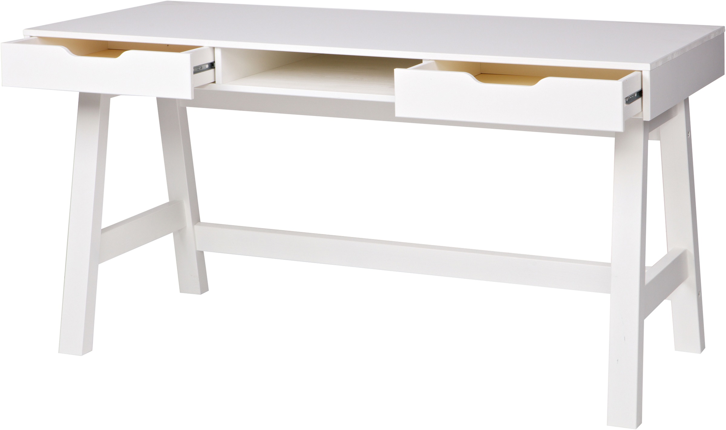 WOOOD Schreibtisch »Nikki aus Kiefernholz lackiert, zwei Schubladen 140x62x75 cm« Schubladen mit Metallführung, offenes Mittelfach, gebürstet Oberfläche