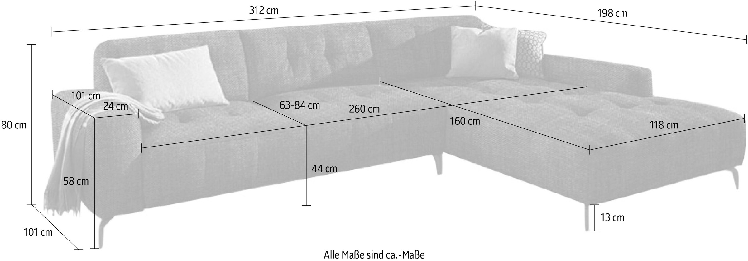 W.SCHILLIG Ecksofa »wilson«, mit Absteppungen, Füße Schwarz pulverbeschichtet, Breite 312 cm