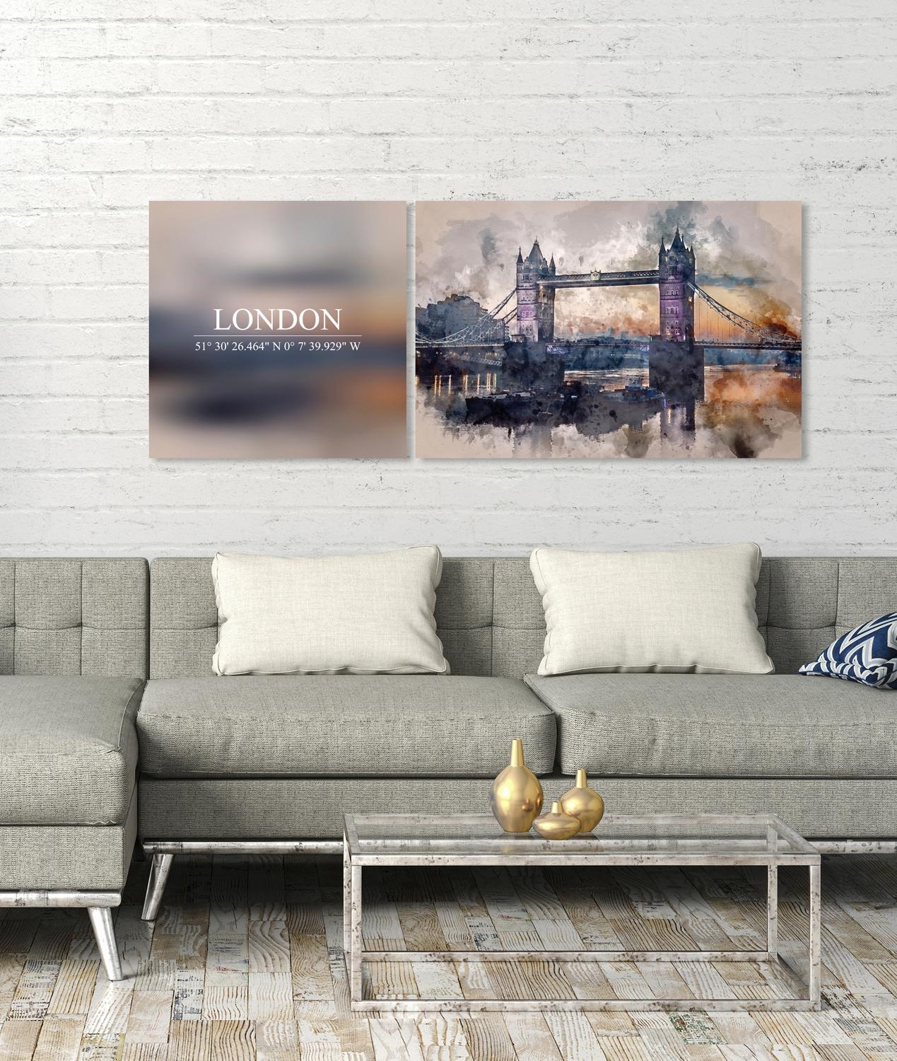 queence Leinwandbild »London«, Elemente der Architektur-London-Kunst-Sprüche-Sprüche & Texte-Schriftzug-Schriftzüge, (Set), Premium-Leinwandstoff, Handarbeit aus Deutschland, Spruch, 2er Set