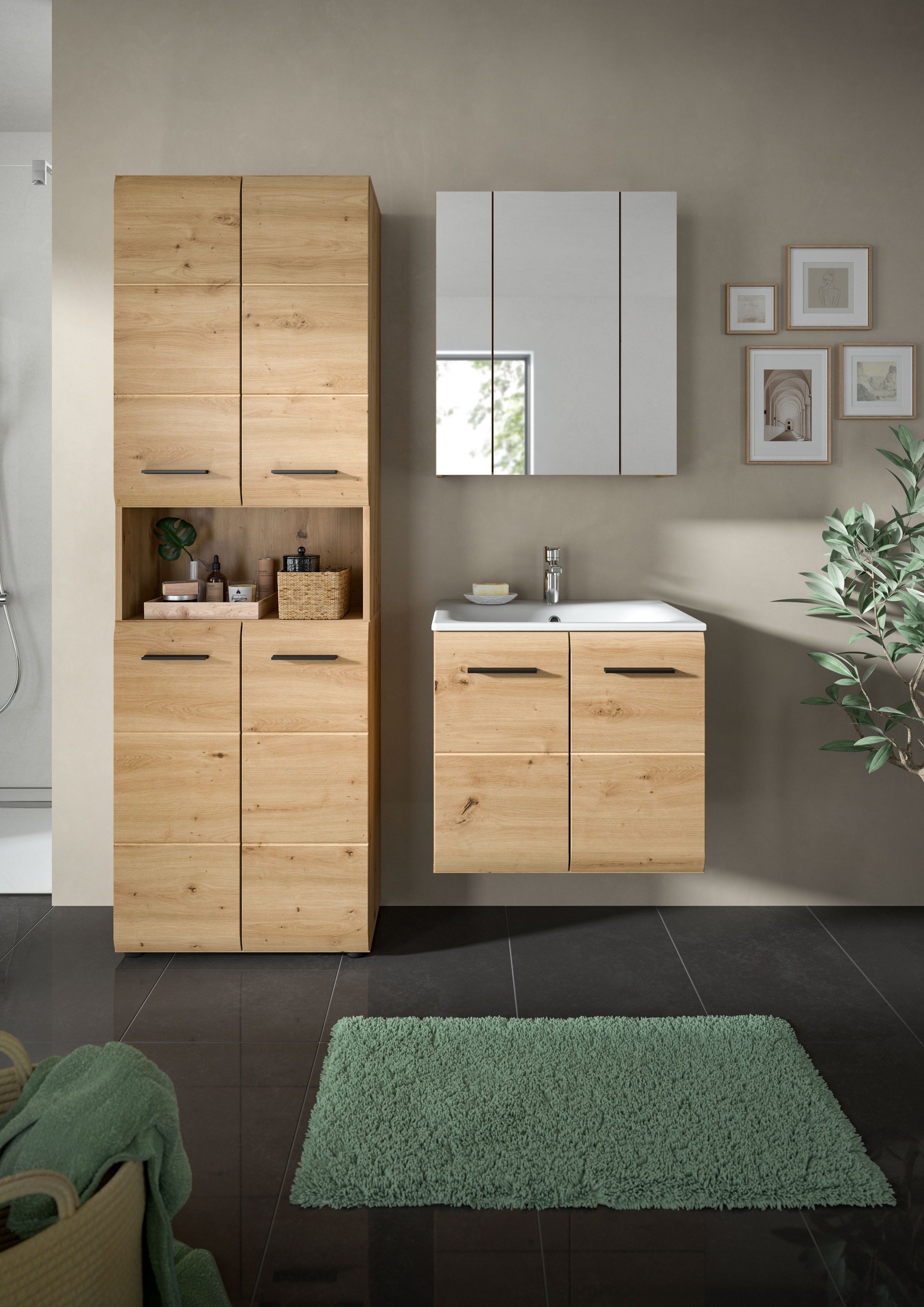 INOSIGN Badezimmer-Set, (Set, 4 St.), Florenz, Badkombination 4-tlg.,Artisan Oak NB, inkl. Waschbecken