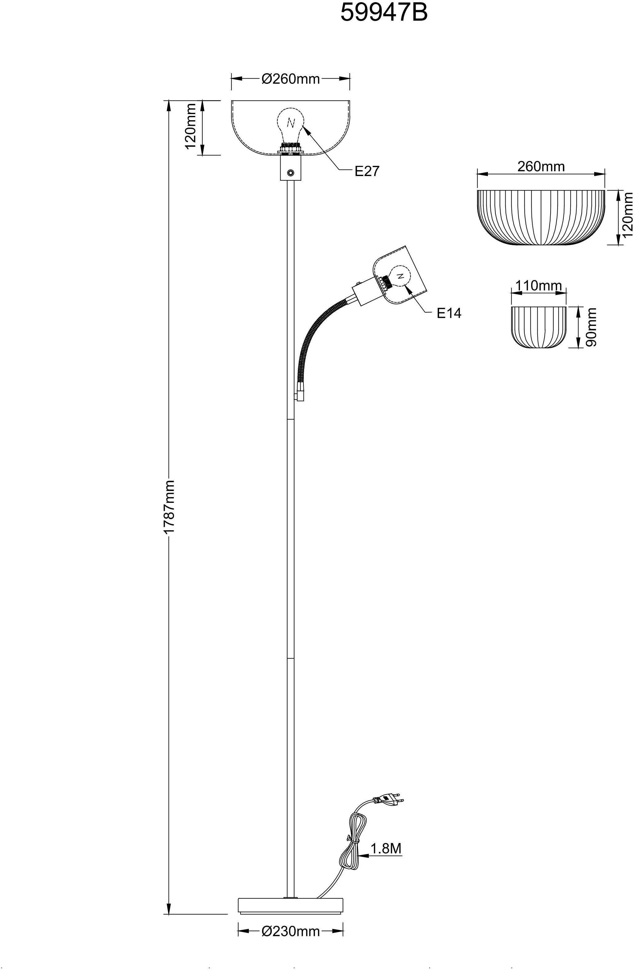 GLOBO LIGHTING Stehlampe »HINTON« E27 1 Stk. Stehleuchte, Opal, Druckschalter, Flexo, E27/E14