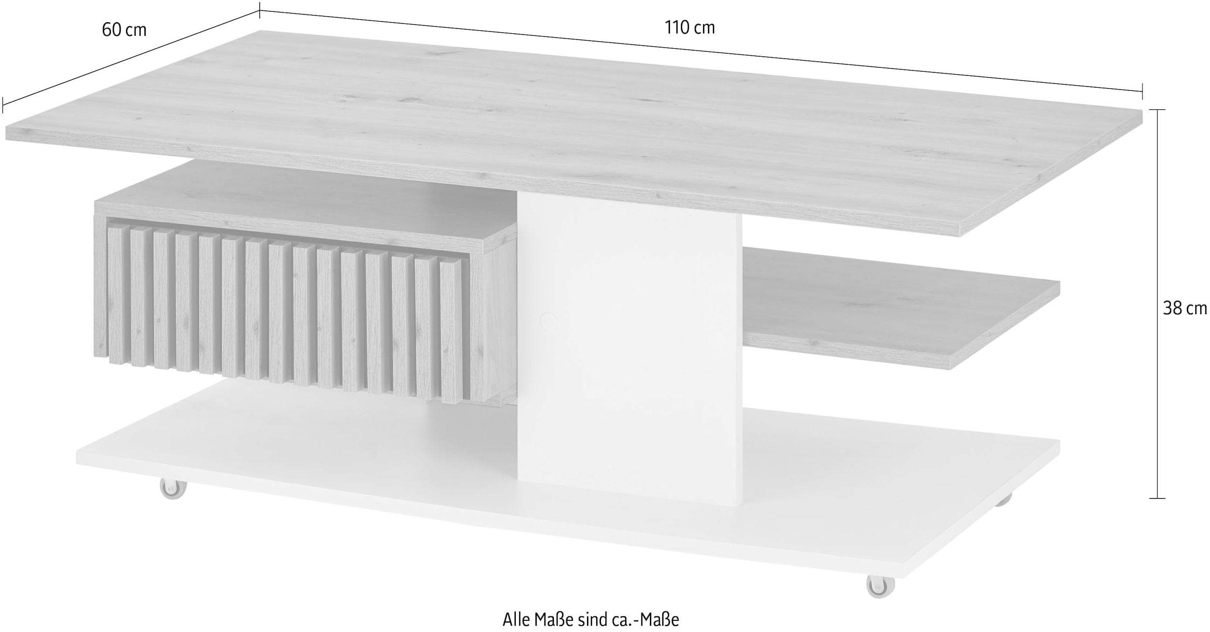 Stolkom Couchtisch »Ally Wohnzimmertisch rollbar Weiß, Artisan Dekor, BxHxT 110x44,5x60 cm«, Schubladenfront mit Lamellen-Optik, Couchtisch rollbar