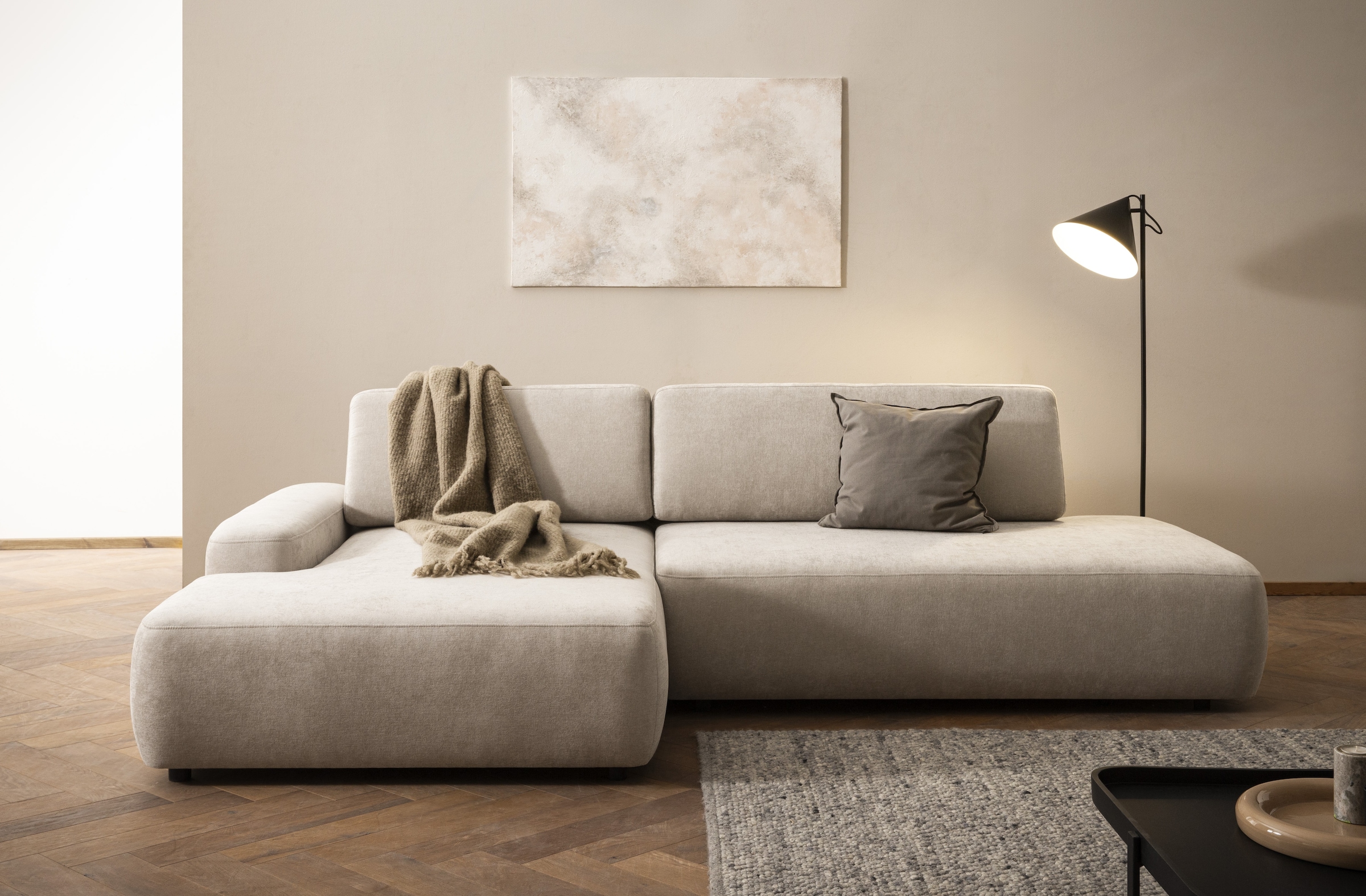 INOSIGN Ecksofa »TORGE, Schlafsofa Cord, Samtvelours u. Strukur fein, Couch in L-Form«, Schlaffunktion und Bettkasten, Liegefläche: 210x125 cm, neues Design