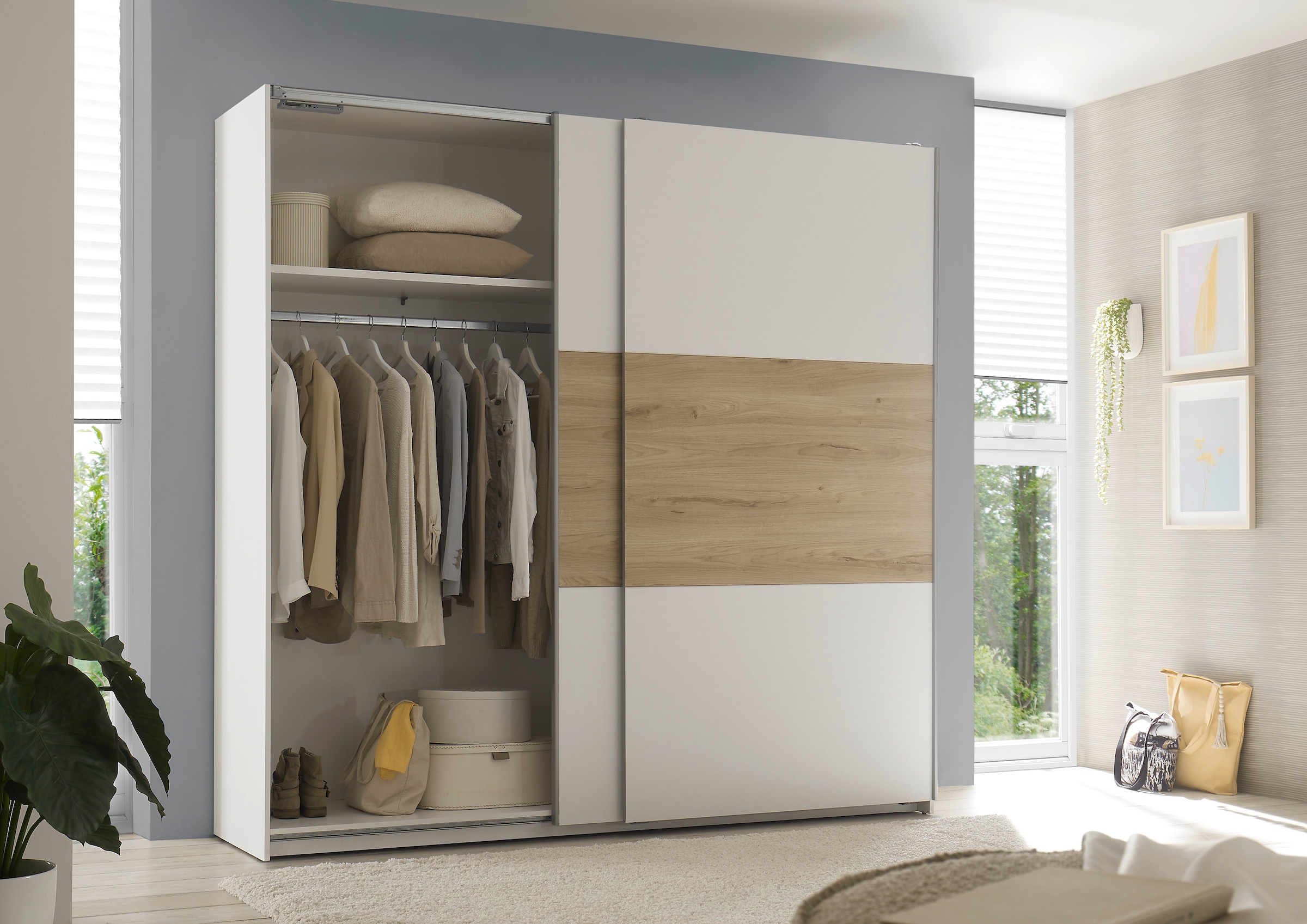 Schlafkontor Schwebetürenschrank »Kiara Kleiderschrank, Schiebetürenschrank, Schrank mit Schiebetüren«, Bauchbinde in farblicher Absetzung