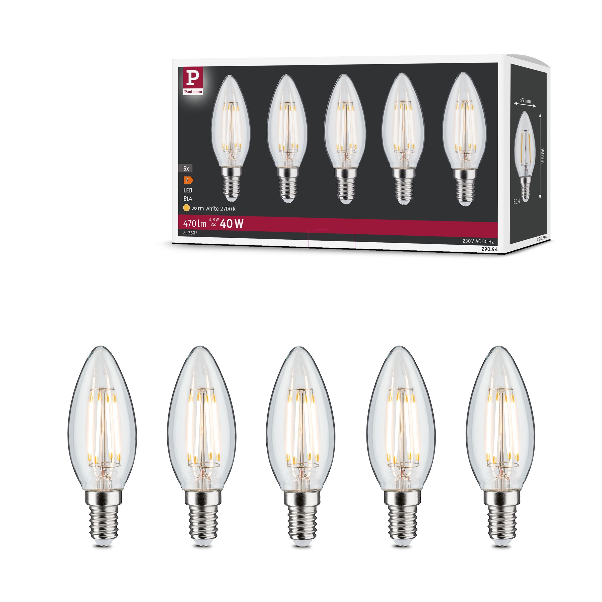 Paulmann LED-Leuchtmittel »5er Pack Kerze 470lm 2700K klar 230V« E14 5 Stk. Warmweiß
