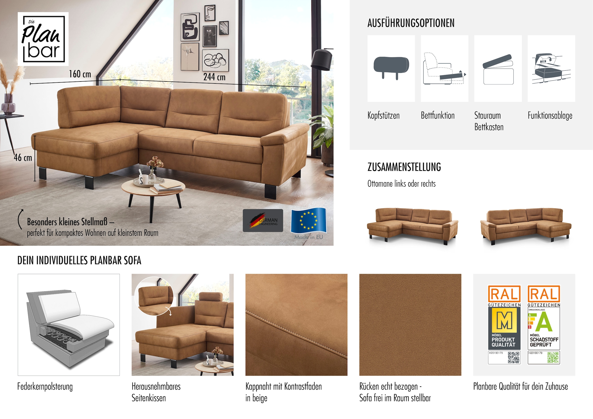 Die PlanBar Ecksofa »PP-PF23172« Eckgarnitur mit besonders kleinem Stellmaß ca. 160 x 244 cm