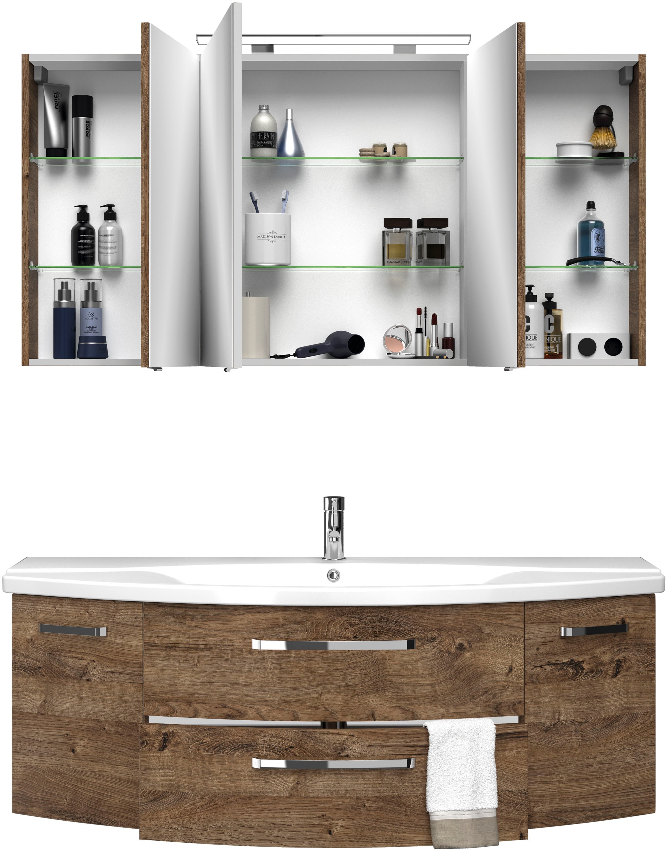 Saphir Badmöbel-Set »Serie 4010 2-teilig Keramik-Waschtisch mit LED-Spiegelschrank«, (Set), Badezimmer Set 144 cm breit, inkl. Türdämpfer, 5 Türen, 2 Schubladen