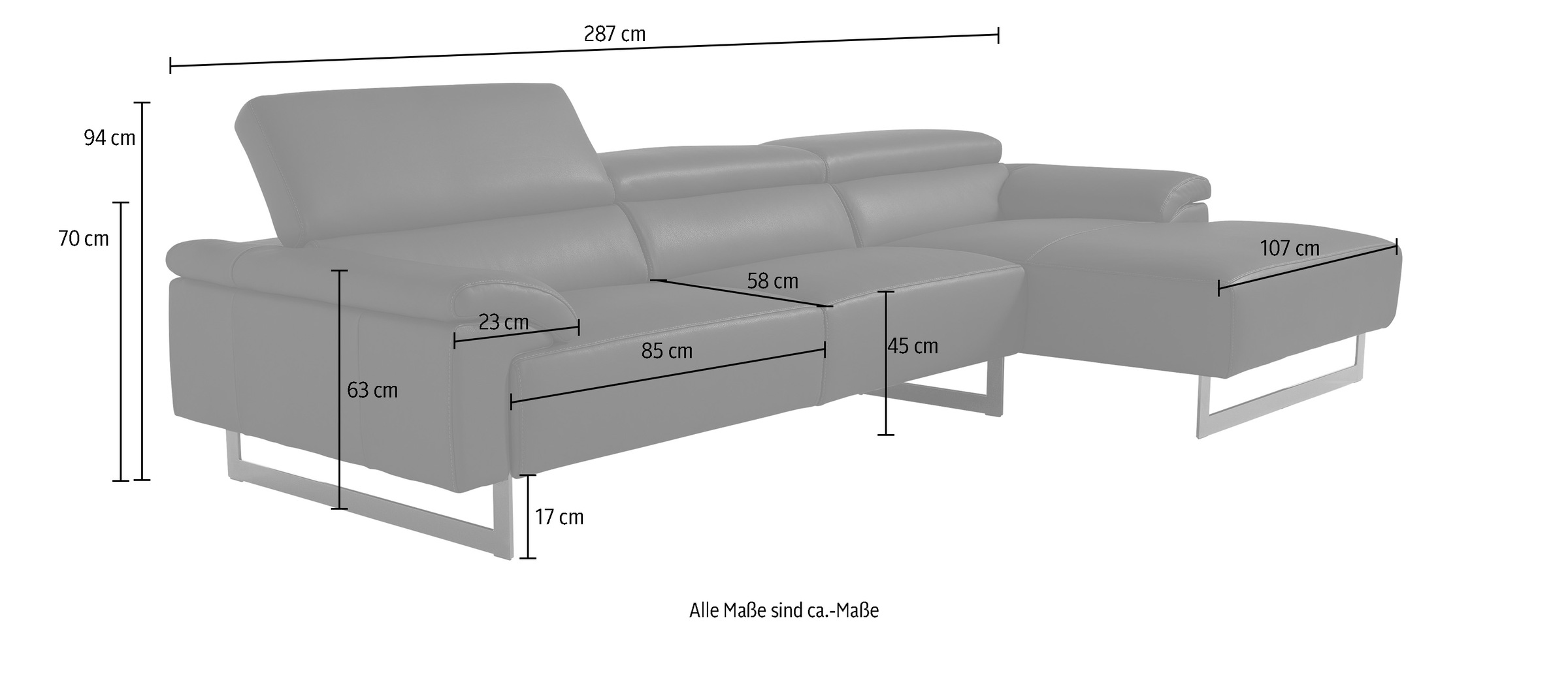 Egoitaliano Ecksofa »Malika«, mit Ottomane, inkl. Kopfteilverstellung und chromfarbenen Metallfüßen
