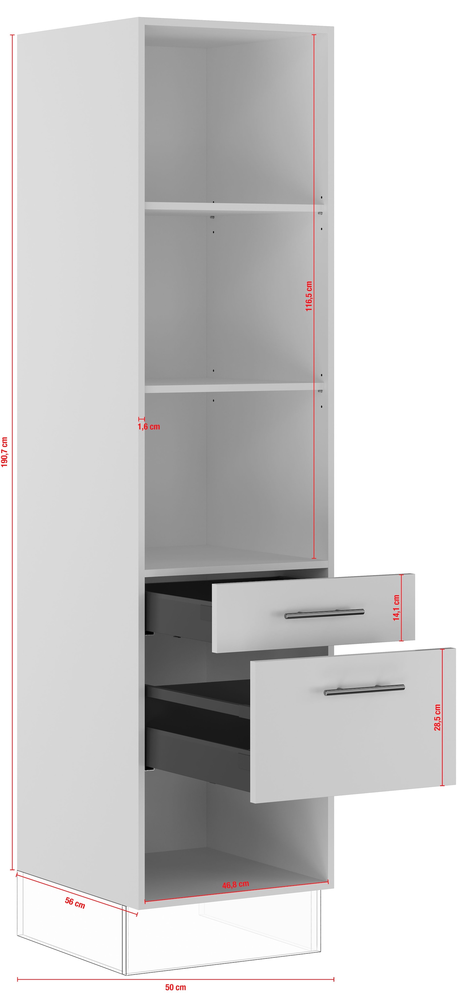 IMPULS KÜCHEN Seitenschrank »"Prag", Breite/Höhe: 50/190,7 cm, mit Soft-Close«, vormontiert, mit Schubkasten, mit Auszug, mit verstellbaren Fachböden