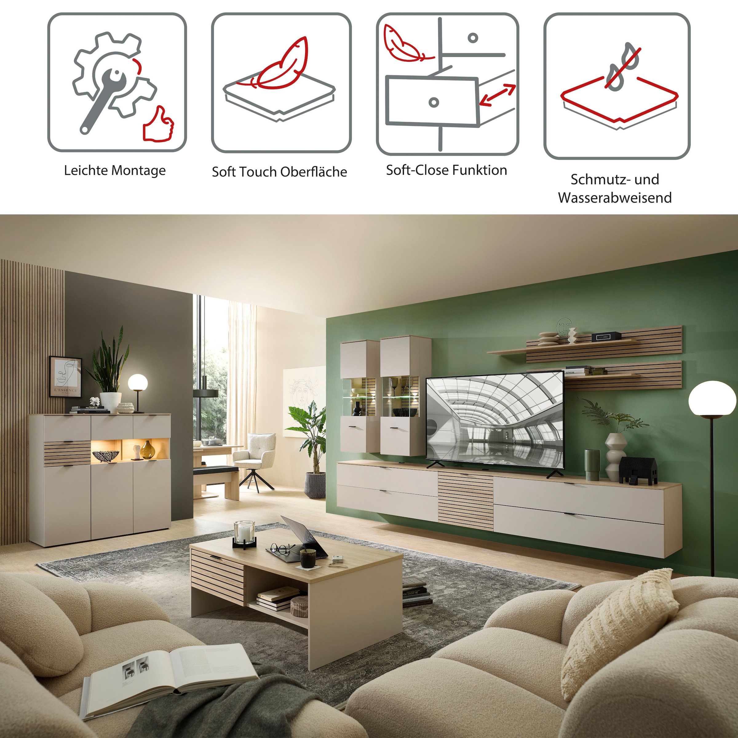 Innostyle TV-Schrank »INA TV-Lowboard, 140 x 51 x 44 cm (B/H/T)« 1 Stk. tlg. stehend/hängend verwendbar, Klappe, Schubkasten, Softclose