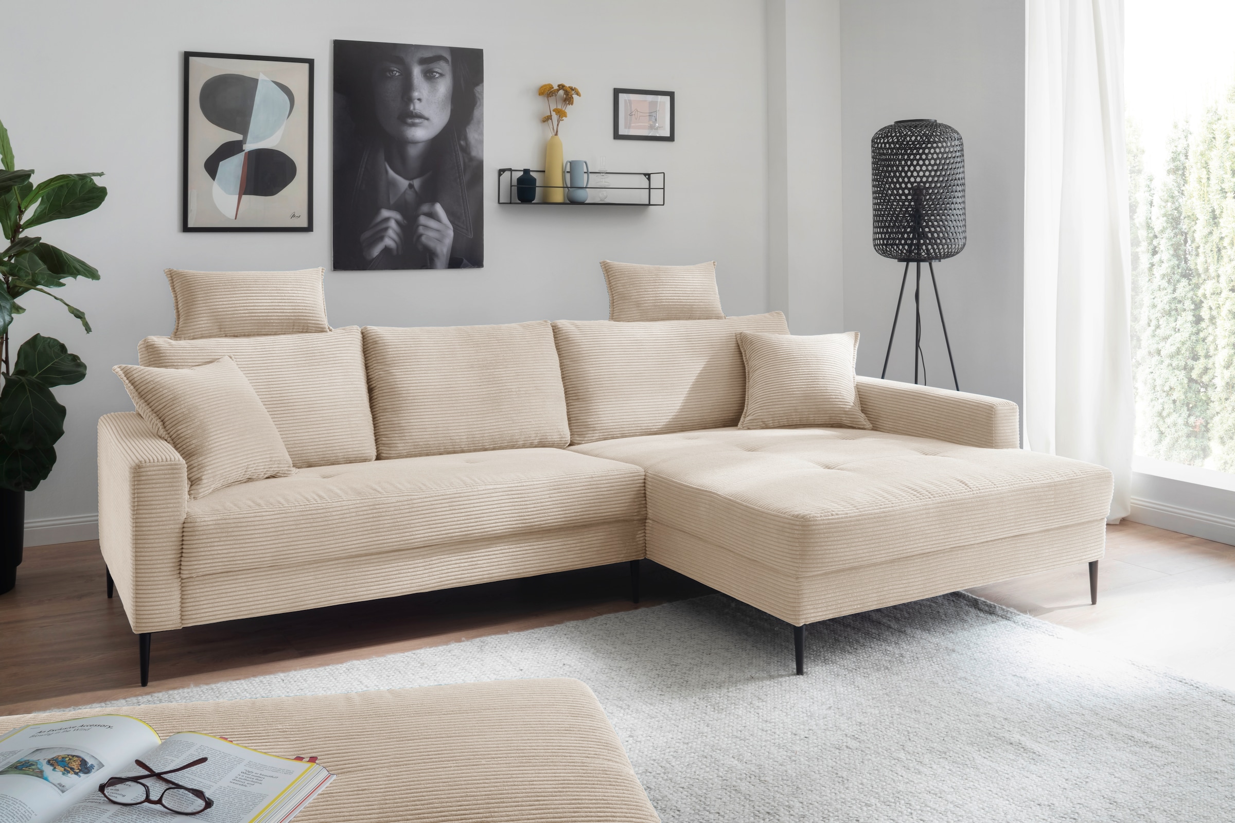 OTTO home Ecksofa "Summer L-Form, B: 280cm, in Cord & Struktur" wahlweise mit Kopfstützen, schwarze Metallfüße