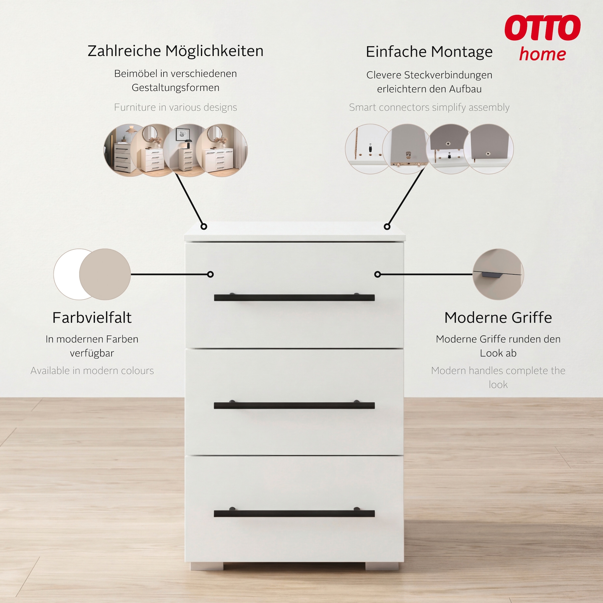OTTO home Nachtkommode »Nachttisch Nachtkonsole Nachtschrank RONDO 2er-Set« Set, Breite 40 / Höhe 61 cm, 2 Stk. tlg. mit 3 geräumigen Schubladen Metallgriff in Schwarz MADE IN GERMANY