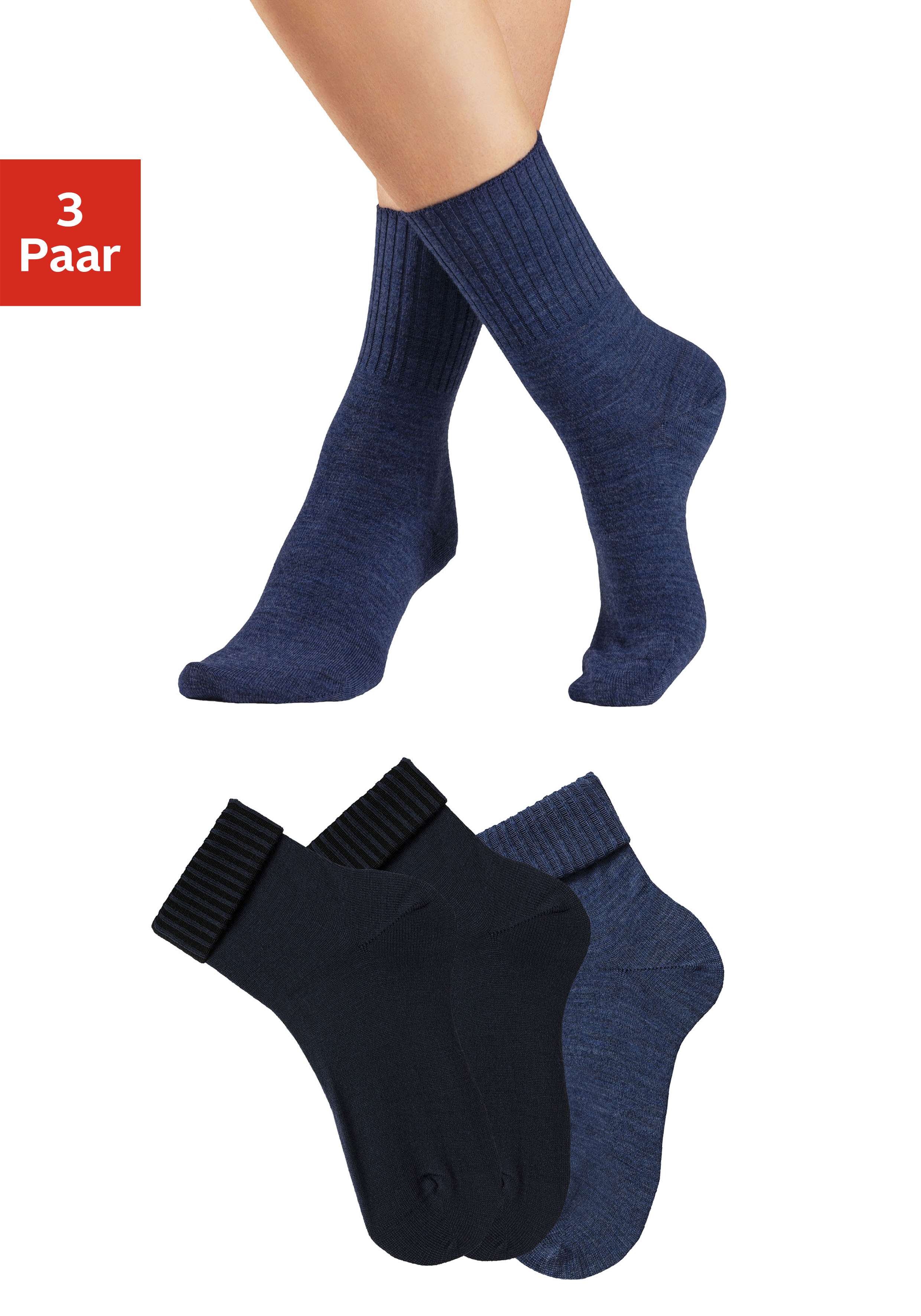 Lavana Umschlagsocken "Wollsocken, Basic Damen" Packung, 3 Paar tlg. fein gestrickt mit 53% Wolle