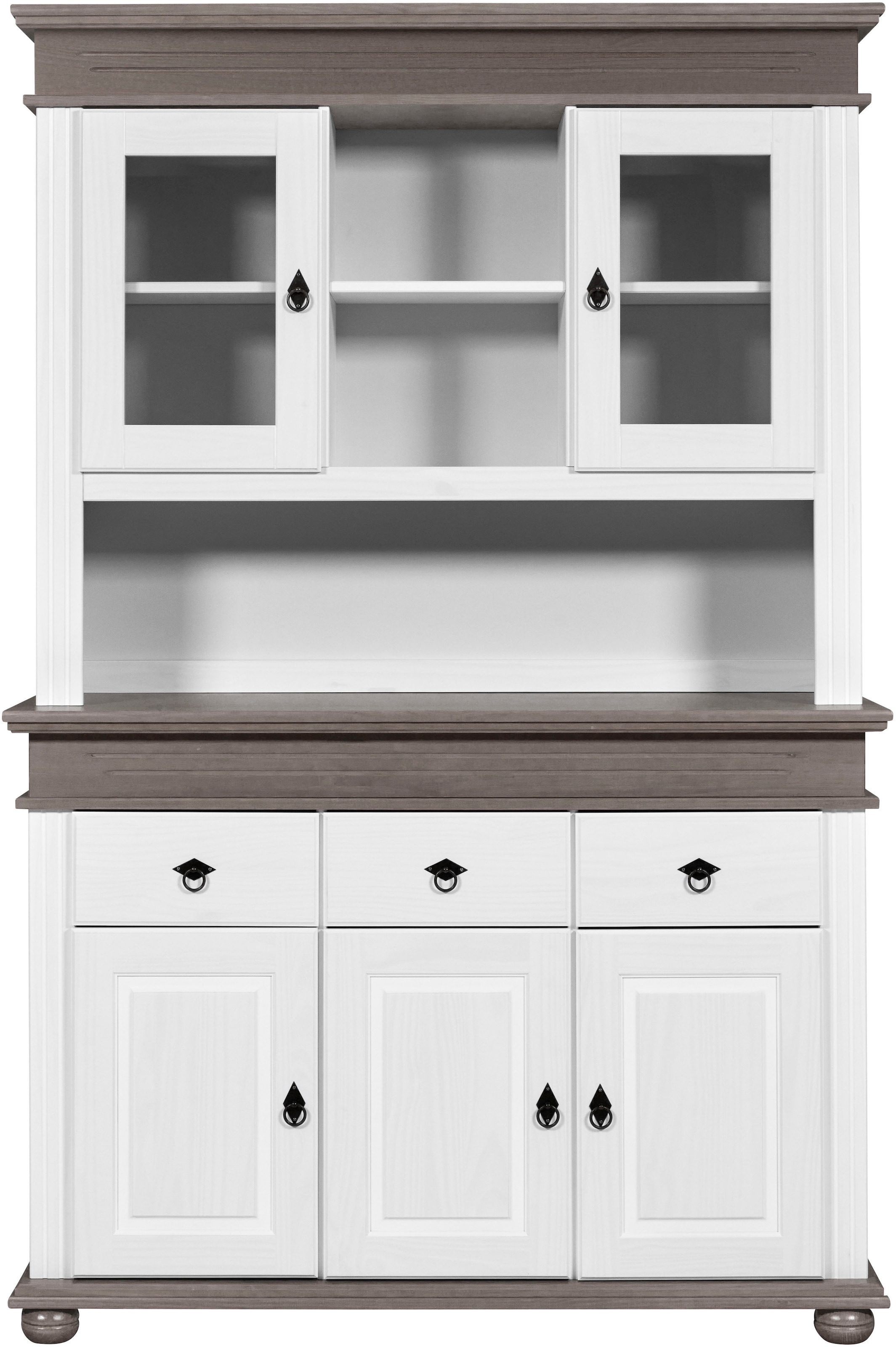 Inter Link Buffet »Halmaro, Kiefer Massivholz, Weiss/Grau-Lava, 141 x 46,30 x 213 cm« 1 Stk. tlg. Vitrine im Laudhausstil, Küchenschrank mit Glastüren, viel Stauraum