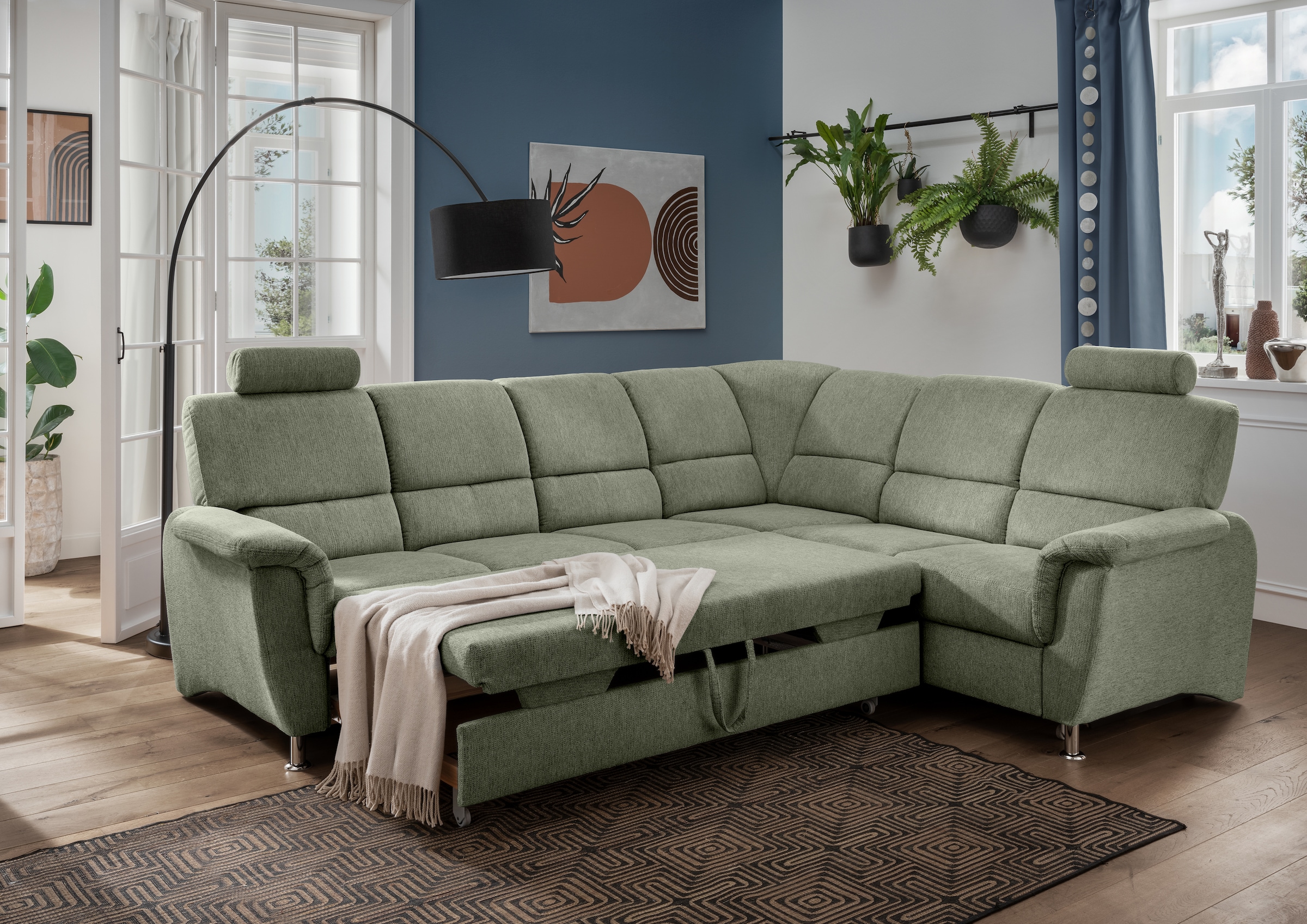 Home affaire Ecksofa »Pisa L-Form, mit Schlaffunktion, Stauraum, 2x höhenverstellbare«, Kopfstützen und Relaxfunktion im Eckelement