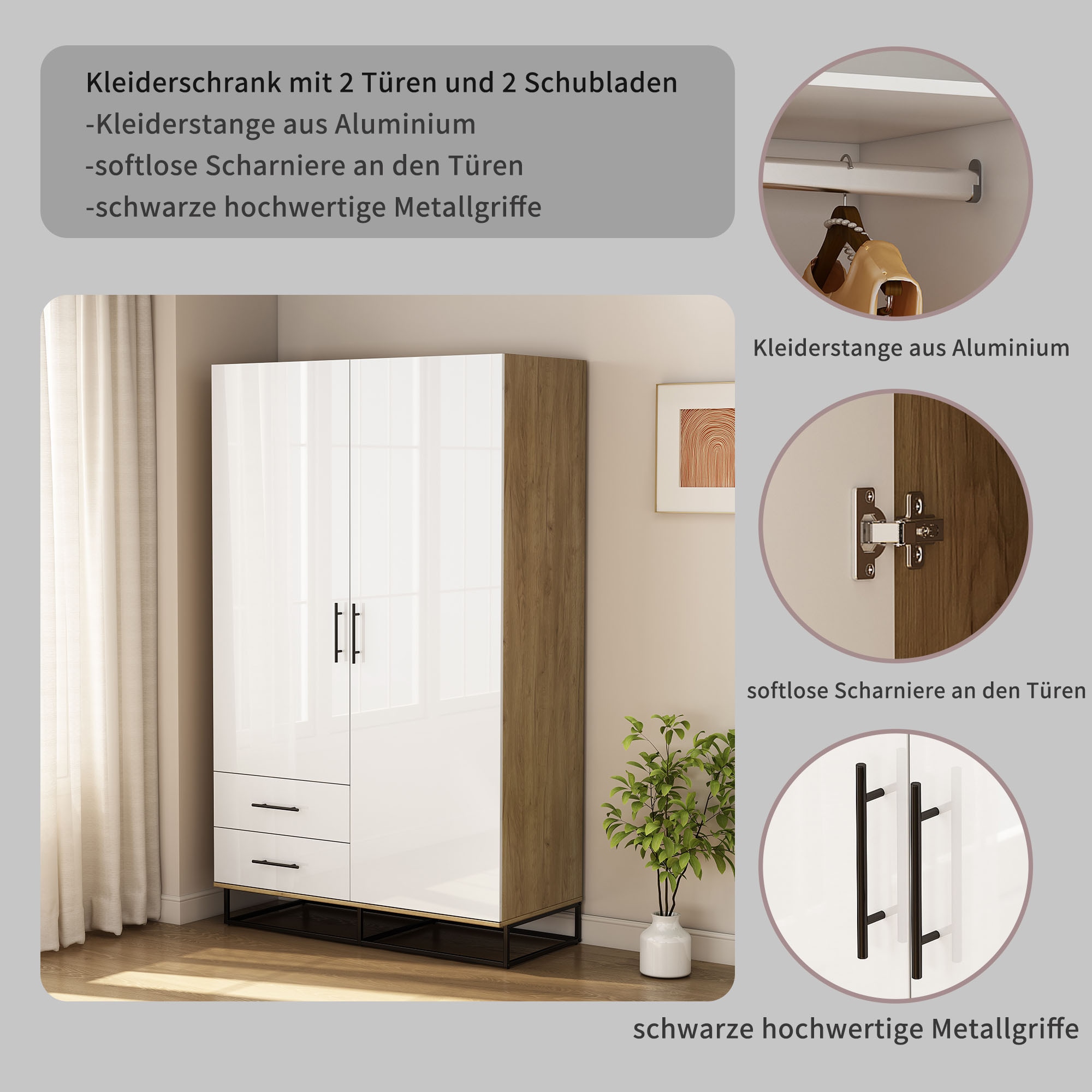OTTO home Kleiderschrank »Lucca Schlafzimmerschrank Garderobe Hochglanz Bestseller« Hochwertige schwarze Griffe und Kufengestell aus Metall, 
