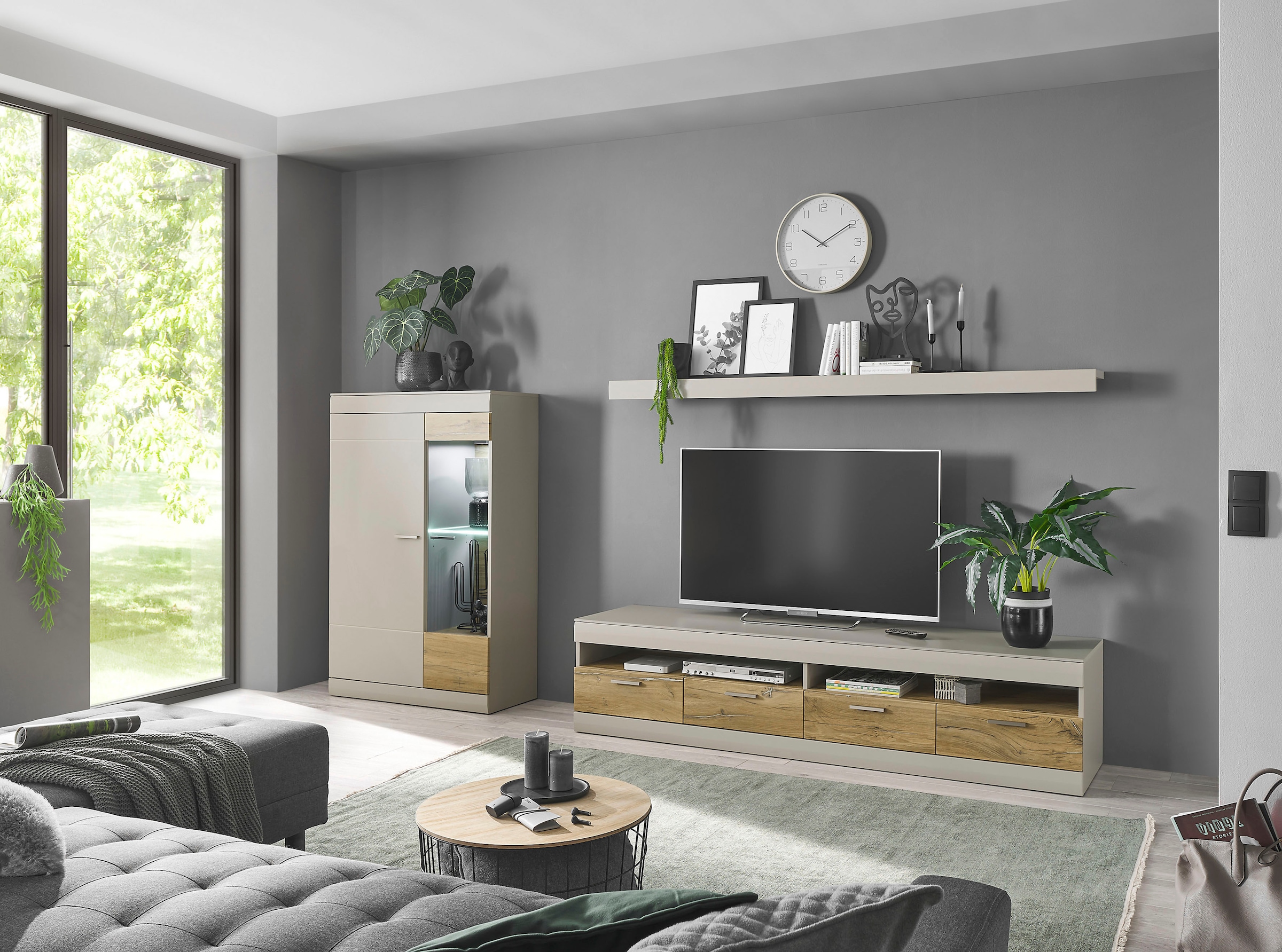 INOSIGN Wohnwand »SCARA«, (3 St.), trendige Farbe mit Applikation Zinneiche Dekor, mit Softclose-Funktion