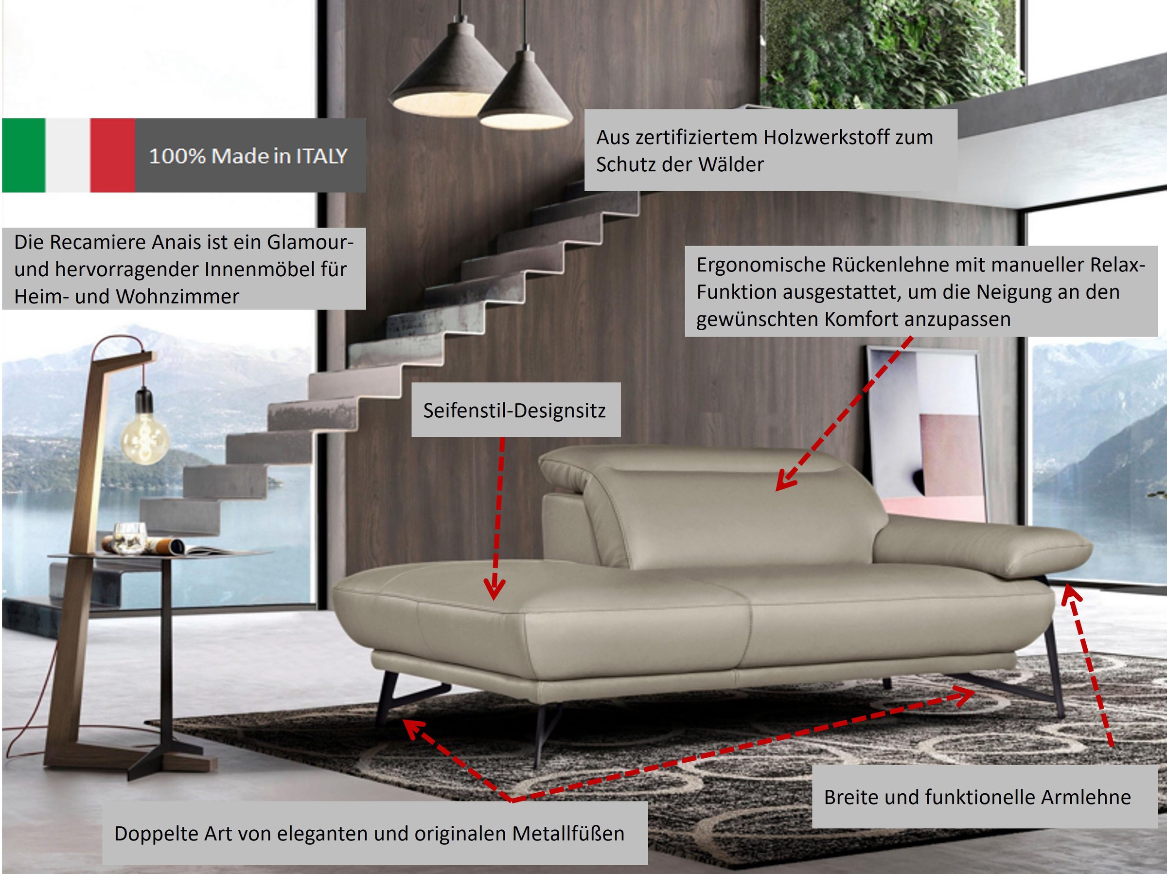 Thumbnail - Egoitaliano Ottomane "Anais, erstklassiges Designsofa, Breite 179 cm, Fußfarbe schattengrau", Kopfteil verstellbar, Luxu...