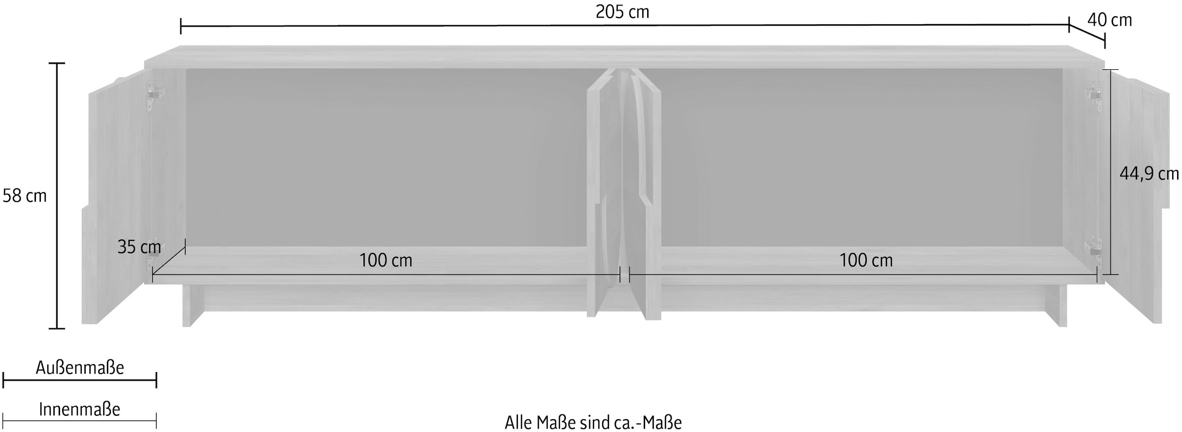 Home affaire Lowboard »Zen, 205 cm breit, 4 Türen, Mediaboard, TV-Schrank, TV-Board« Push-to-open, 3D-Fronten, Mercure-Holzstruktur, viel Stauraum