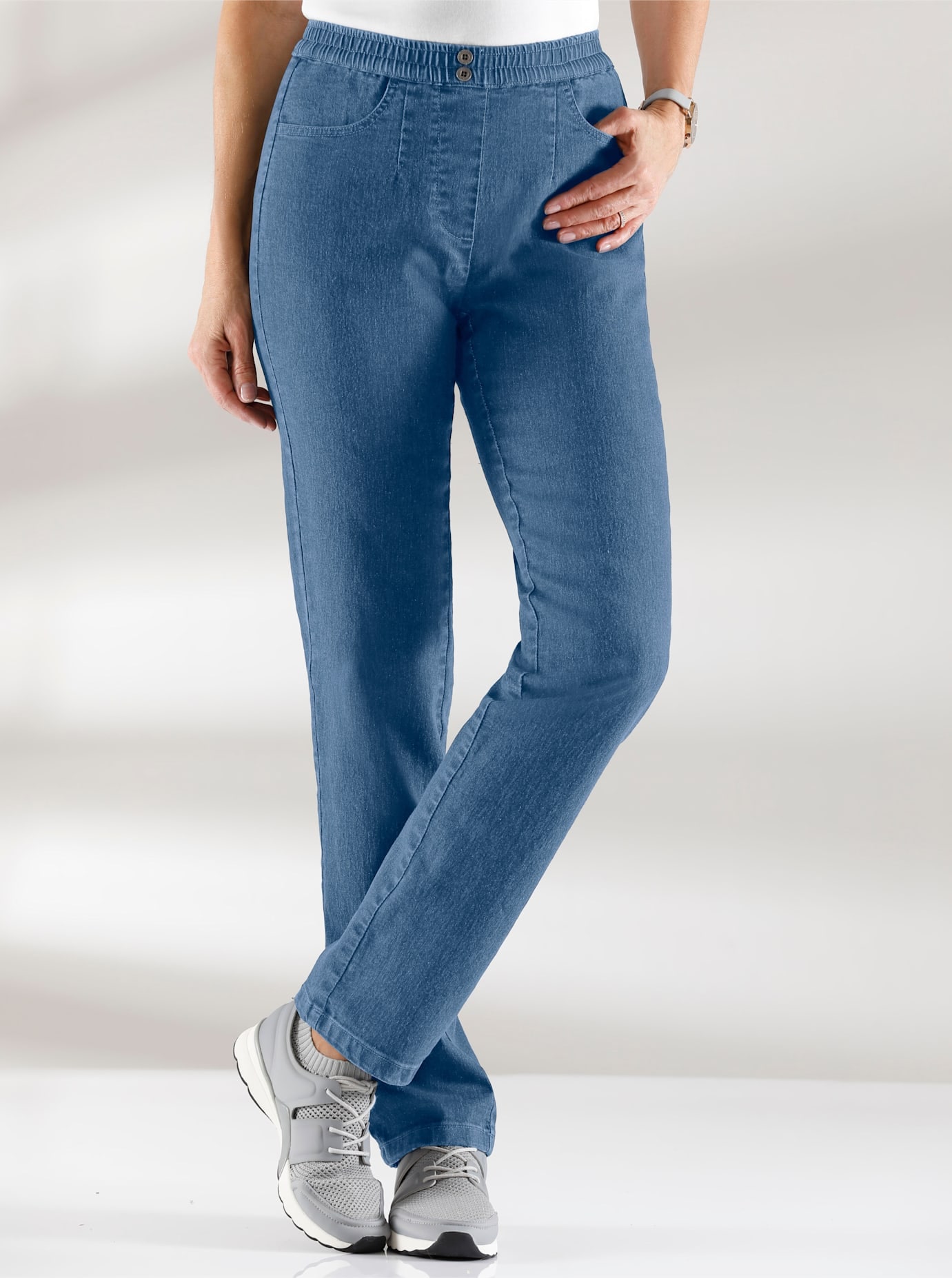 Dehnbund-Jeans CLASSIC BASICS, Damen, Gr. 42, Normalgrößen, blau (blau, bleached), 81% Baumwolle, 17% Polyester, 2% Elasthan, unifarben, lang, Jeans