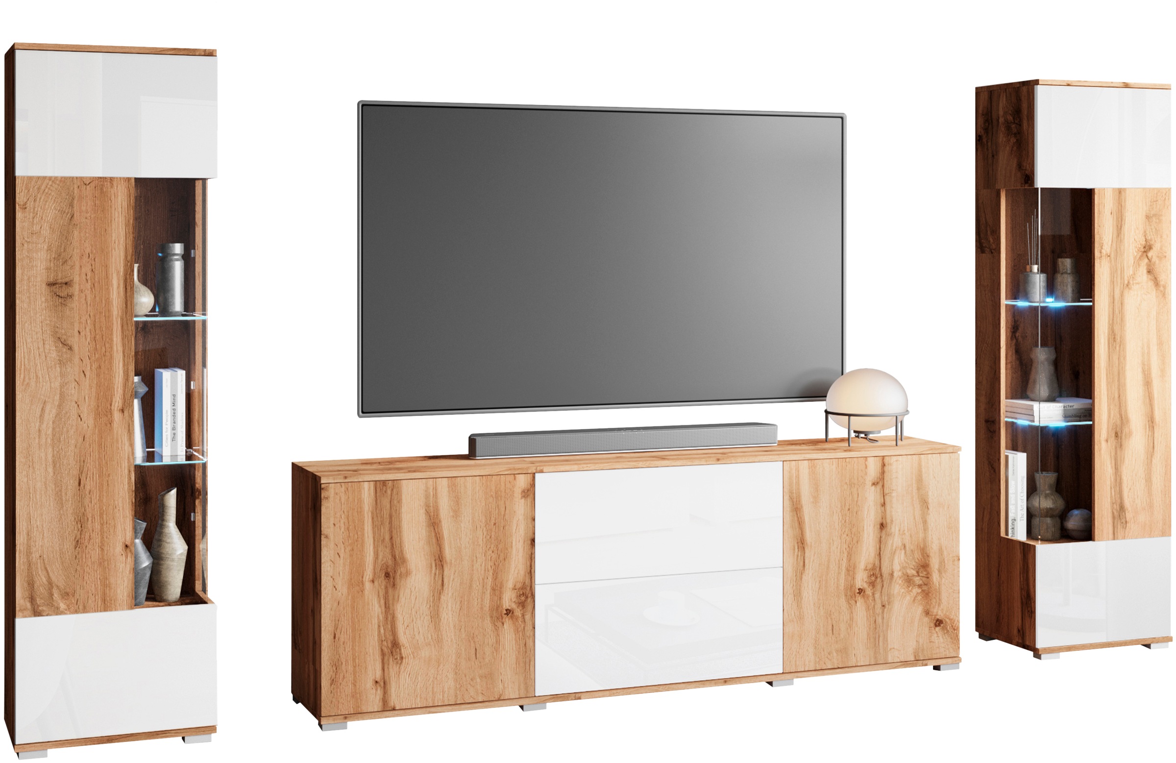 INOSIGN Wohnwand »KENIA«, (Komplett-Set, 3 St.), Vitrinen mit Eckverglasung, hängend und stehend montierbar