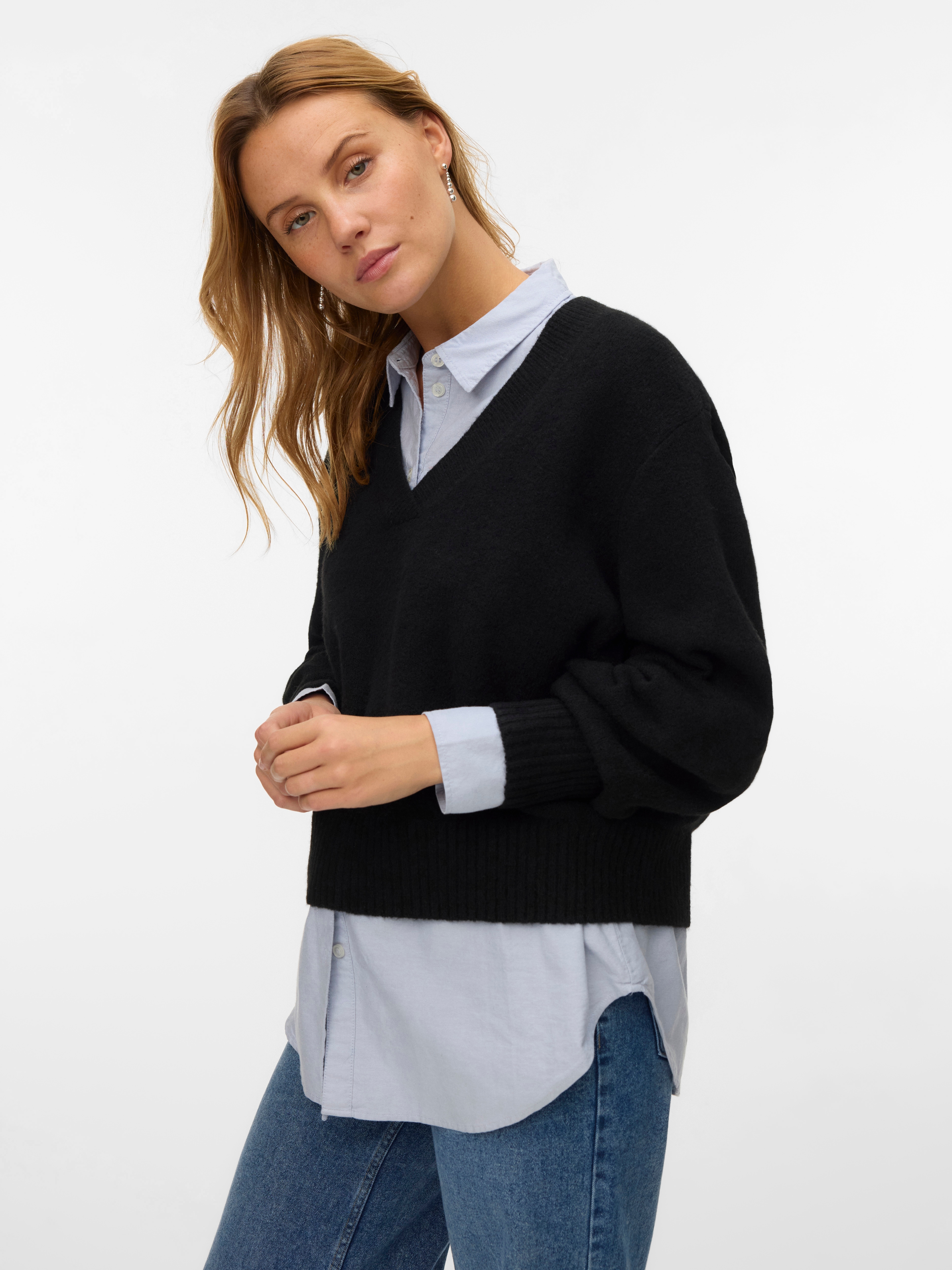 Vero Moda V-Ausschnitt-Pullover "Vmboom Ls V-Neck Pullover Noos" Materialmix, Mit Wolle Und Stretch