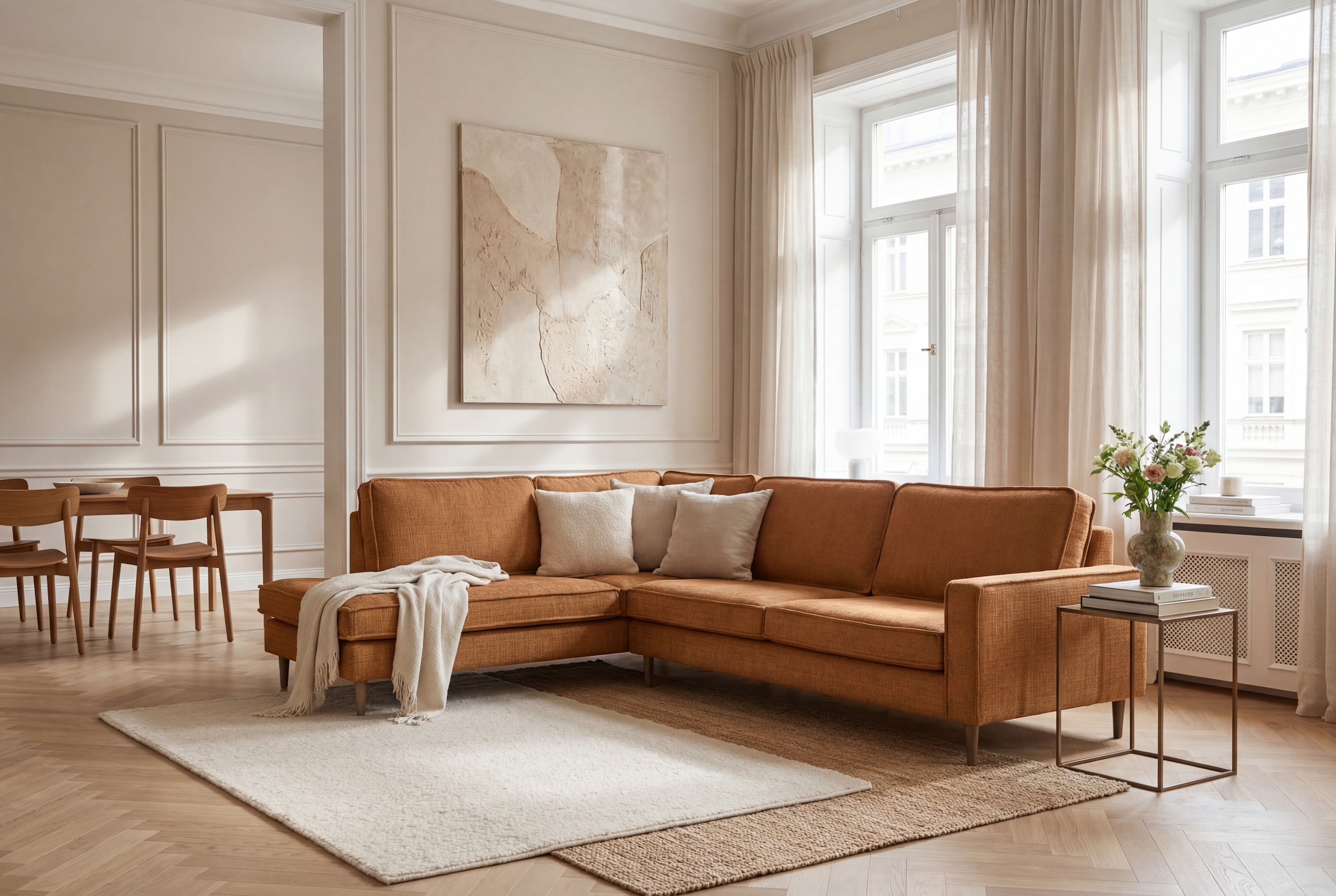 OTTO home Ecksofa "Pinto Skandi, 290 cm, Chenille, Struktur, Ottomane links / rechts" mit Keder, Massivholzfüße Eiche geräuchert, Wellenunterfederung