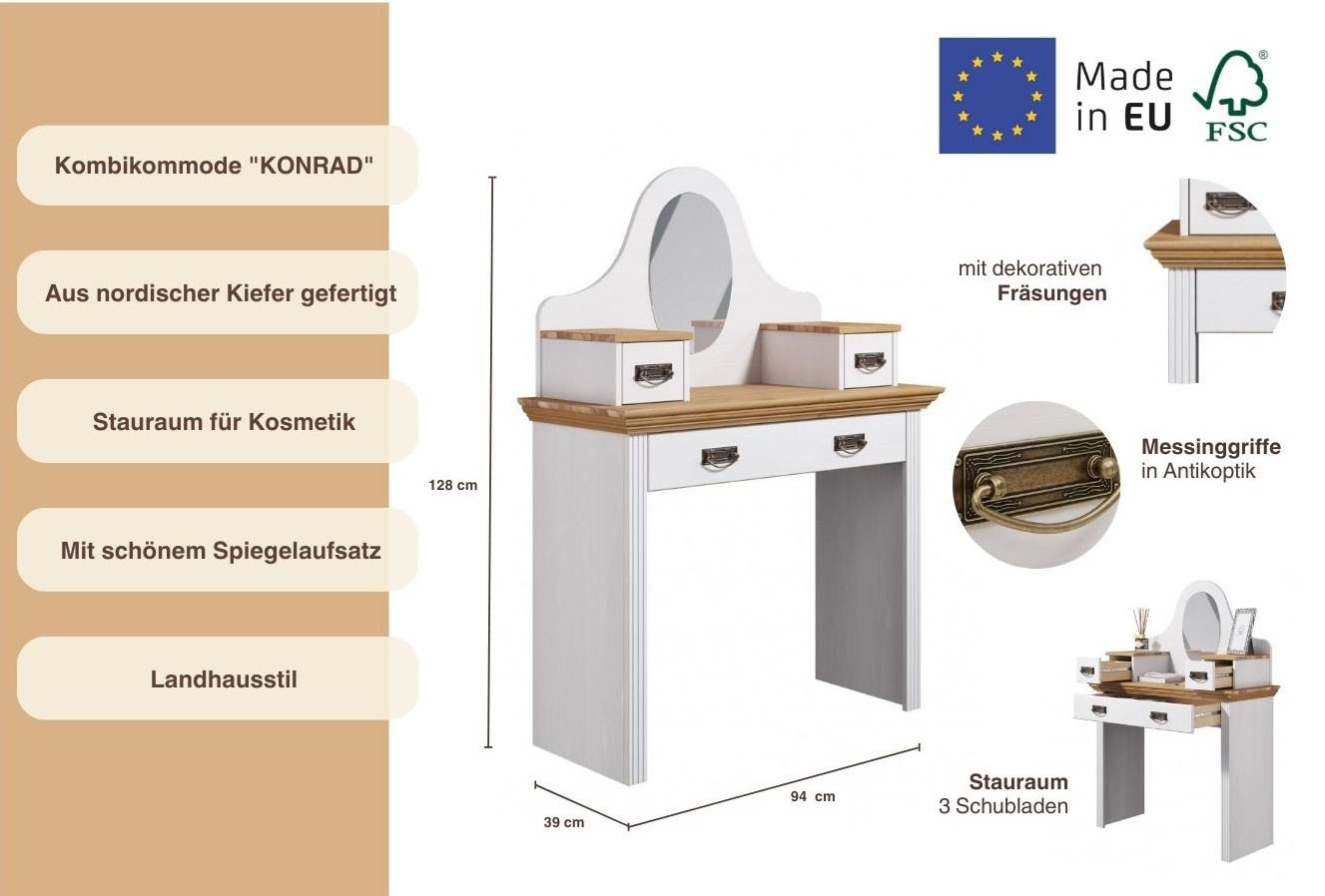 Home affaire Schminktisch »Konrad«, aus massiver Kiefer, mit Spiegel und viel Stauraum