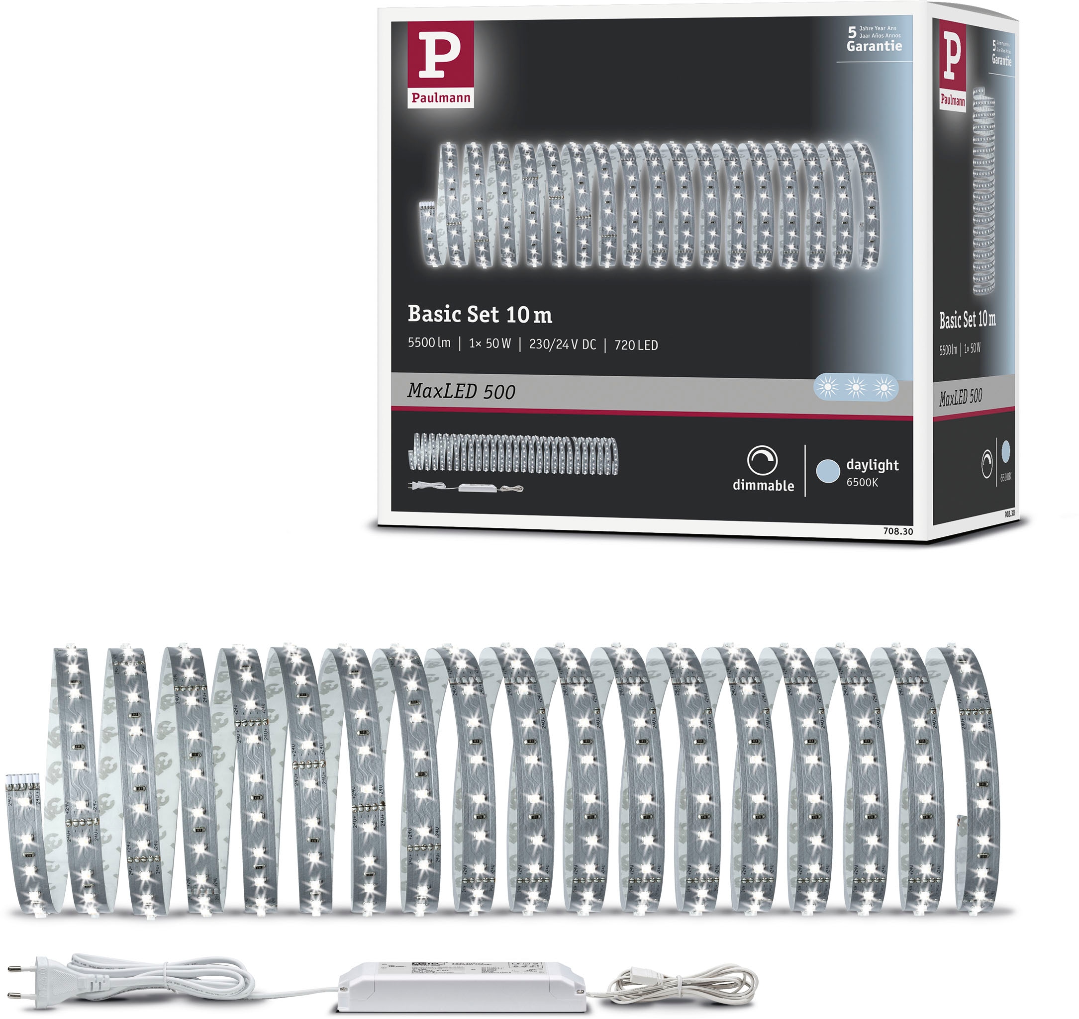 PAULMANN LED-Streifen "MaxLED 500 Basisset 10m Tageslichtweiß 10m 50W 550lm/m 6500K", Dioden 720 Stk. Flammen 1 Stk., Gesamtlänge 10m, silber, Küche,