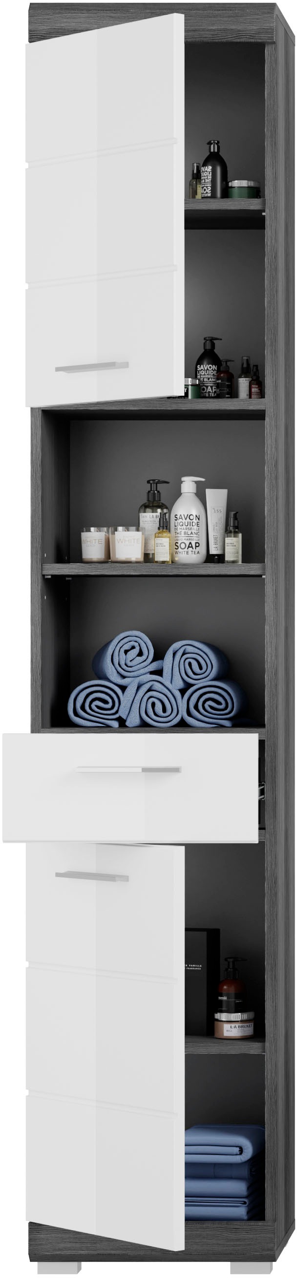 INOSIGN Badmöbel-Set »Siena, 4 teilig, bestehend aus:«, (Set, 4 St.), Hochschrank, Waschbeckenunterschrank, Badspiegel, Hochschrank breit