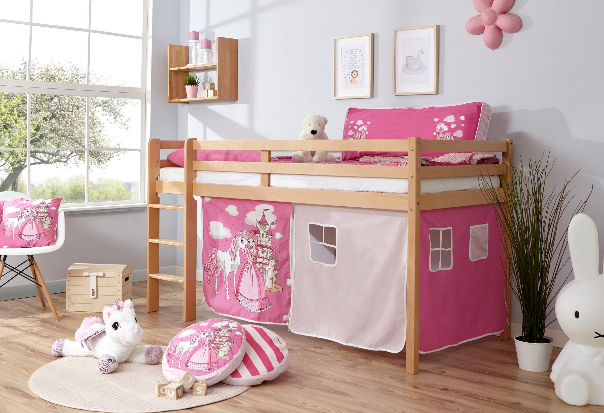 Ticaa Hochbett »Rene«, mit Rollrost und Textil-Set wahlweise mit Matratze, Buche