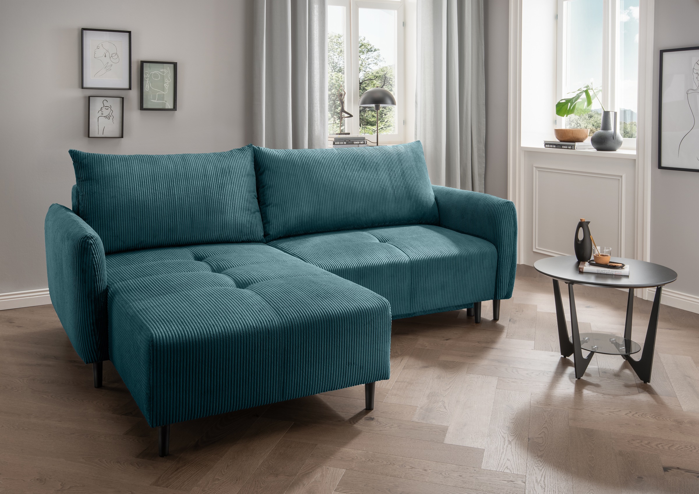 INOSIGN Ecksofa »Mara, aktueller Cord Bezug, wahlweise mit Bett und Bettkasten«, mit schmalen Armlehnen, Recamiere links und rechts montierbar, L-Form