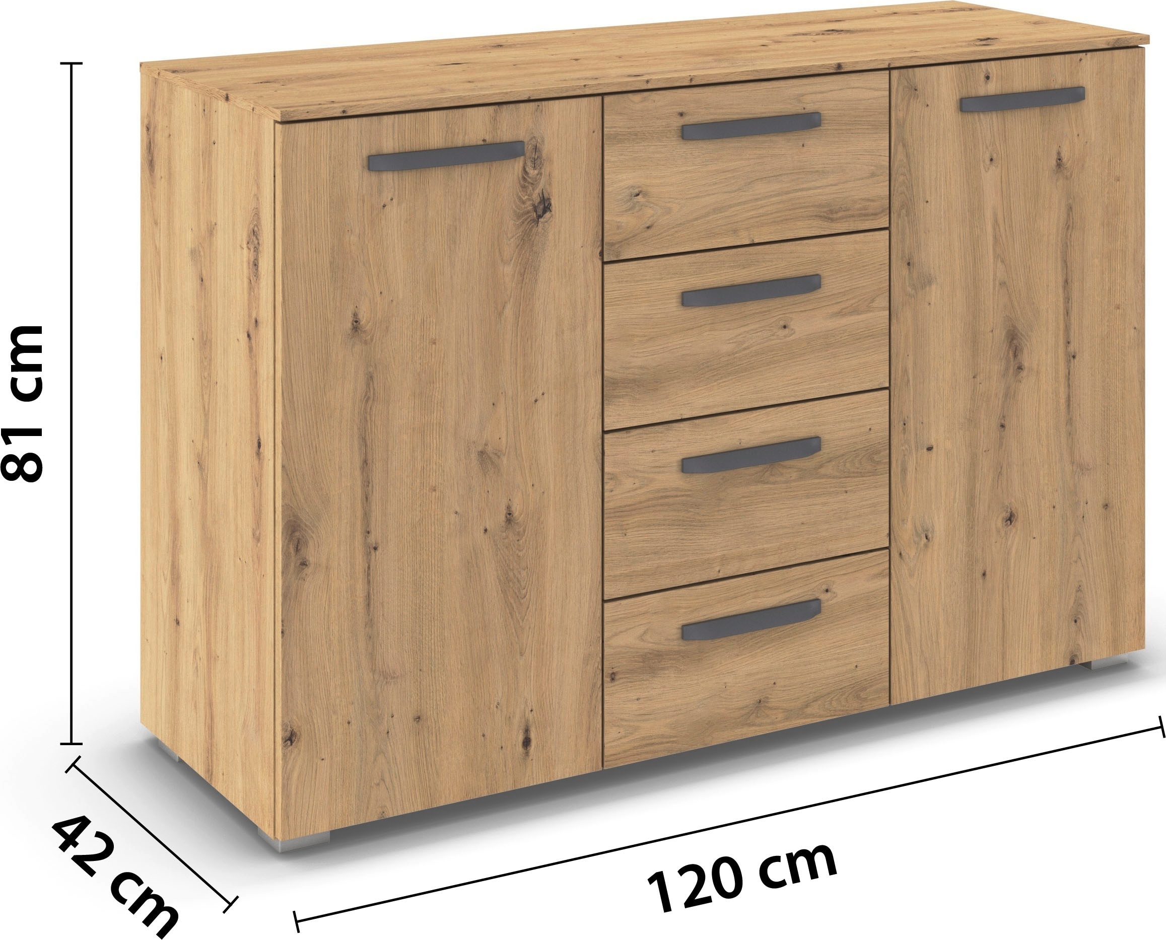 rauch Kombikommode »Sideboard Schubladenkommode OTELI mit Dekor- und Hochglanzfront« Breite 120 cm inkl. Soft-Close-Funktion,  vier große Schubladen und 2 Türen, mit 4 Einlegeböden MADE IN GERMANY