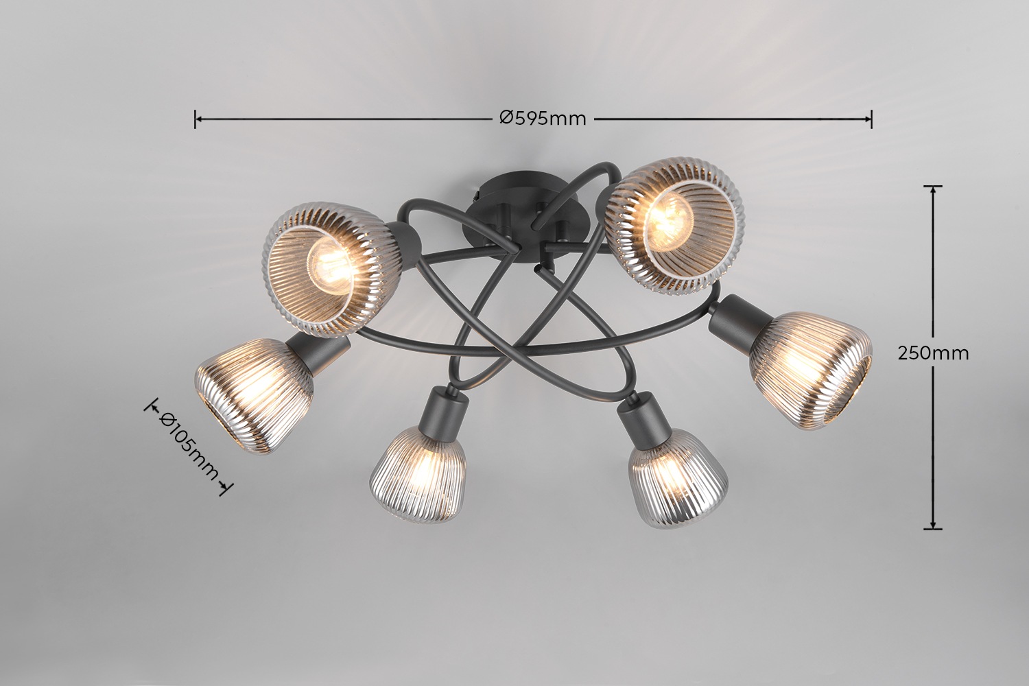 TRIO Leuchten Deckenleuchte »TARIFA, 6-flammige Deckenlampe exkl 6xE14 max 10W, Glas Hängelampe«, 6 flammig, Leuchtmittel E14 | Leuchtmittel wechselbar, Ø 59cm, Glas Lampenschirme in Riffeloptik und leicht verspiegelt, IP20