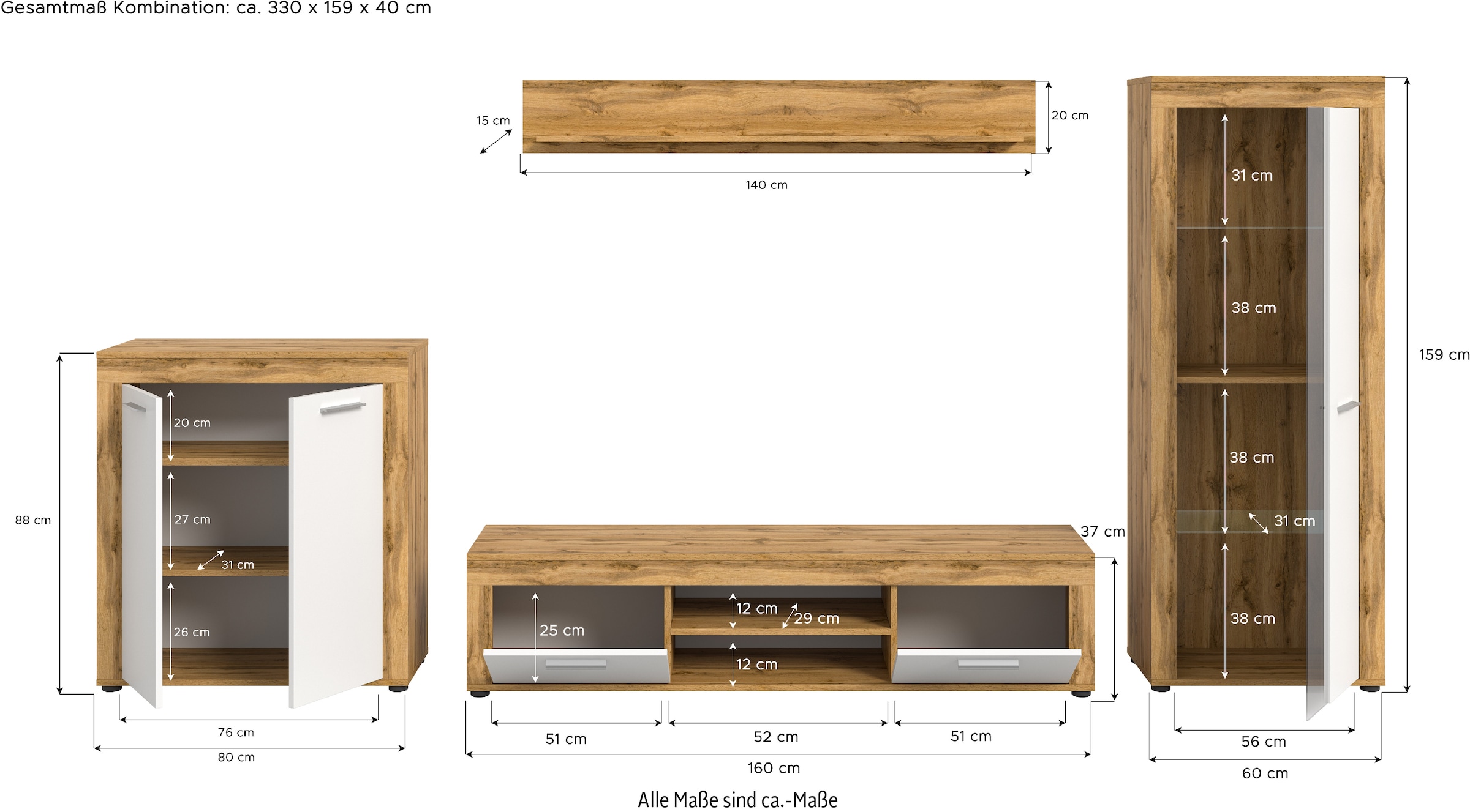 INOSIGN Wohnwand »Aosta, Breite 330cm, best. aus Highboard, Lowboard, Wandboard, Vitrine«, (4 St.), Wohnwand, Kombination, Anbauwand, Möbel Set, Schrankwand, Möbel Kombi