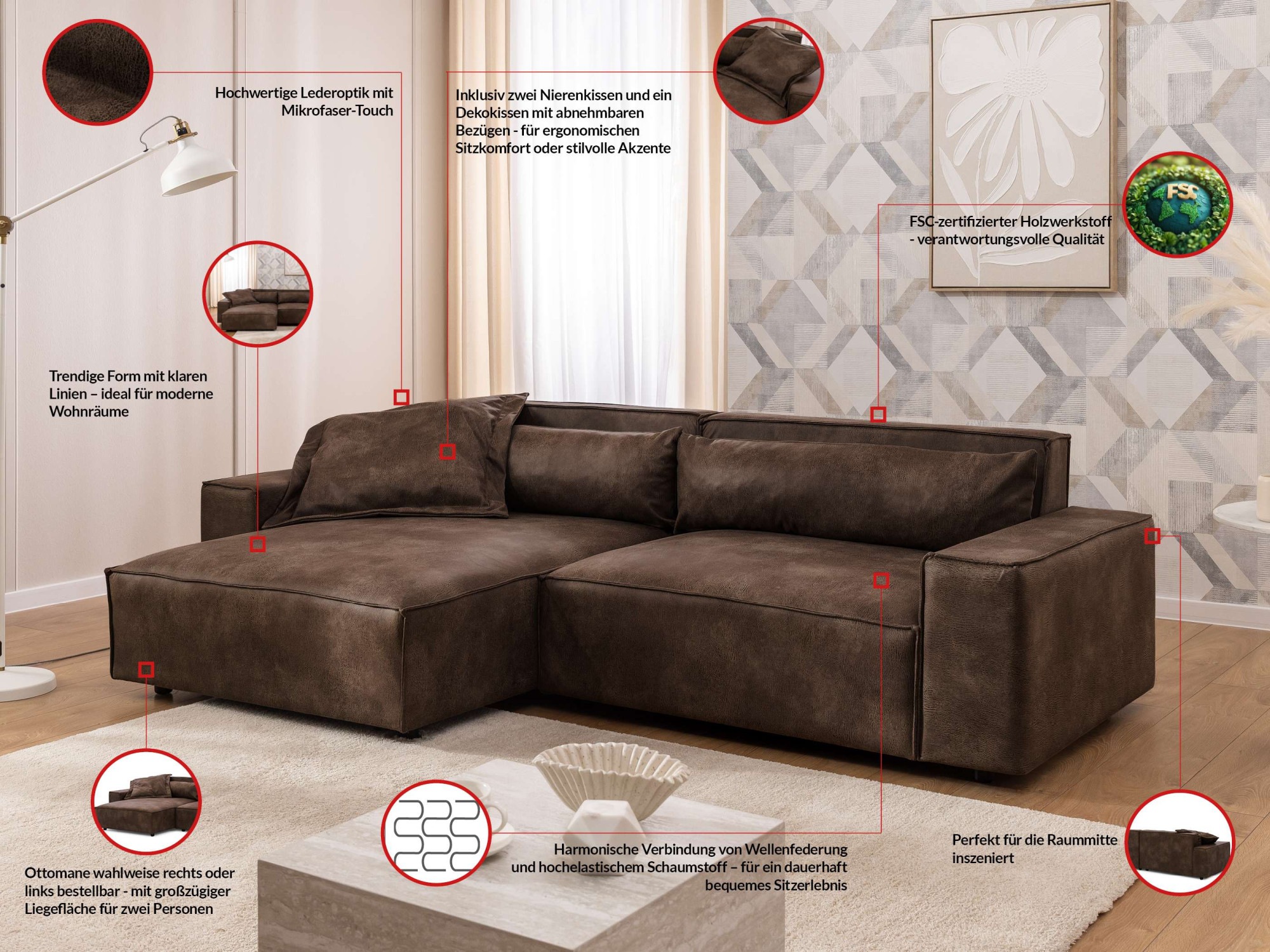 Thumbnail - OTTO home Ecksofa "KINLEE Design-Sofa mit Recamiere rechts/links, Maße B/T/H 251/144/70cm" L-Form mit Wellenunterfederun...