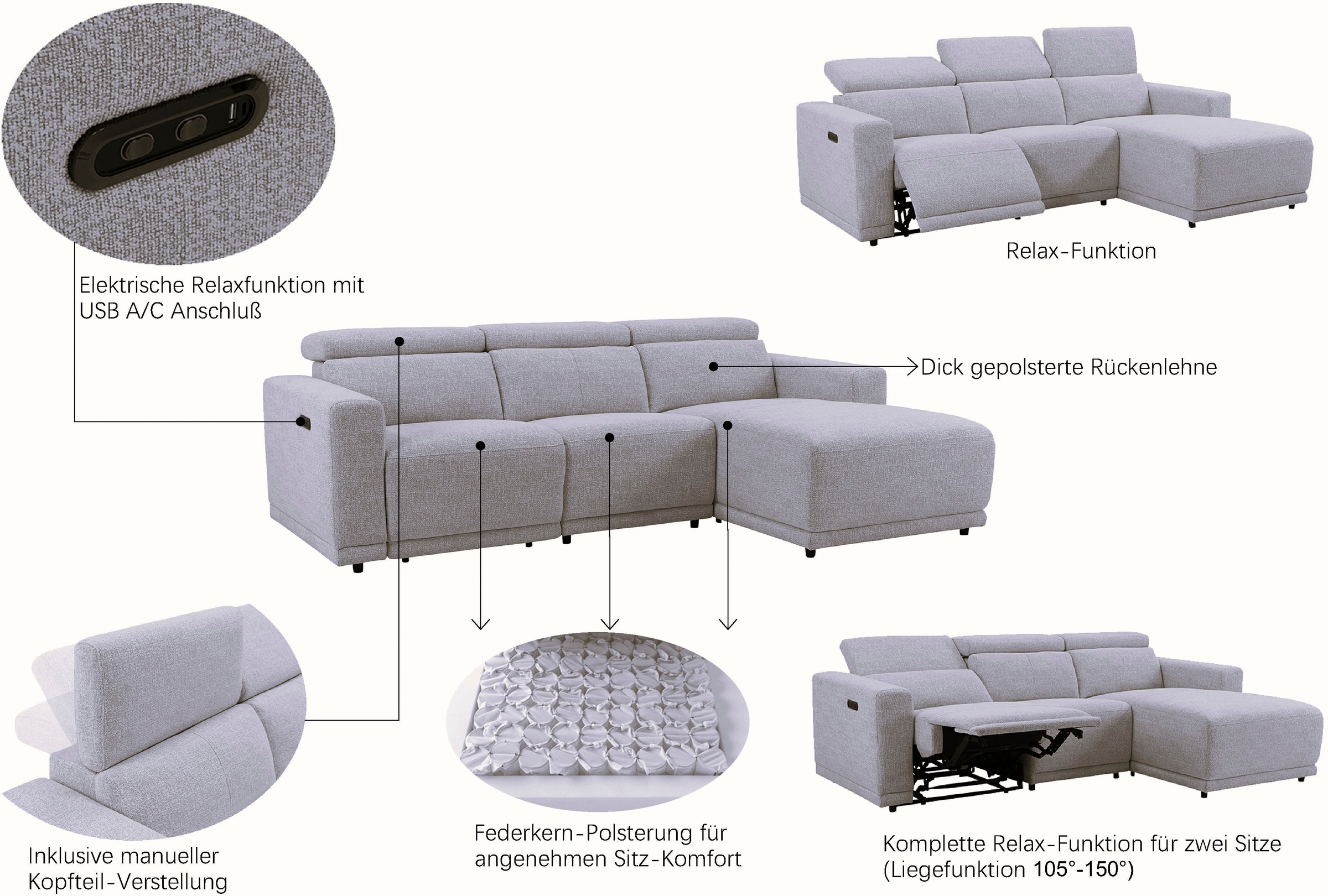 Thumbnail - OTTO home Ecksofa "LEOO" mit USB A/C-Anschluss. Federkern, verstellbaren Kopfstützen, Webstoff