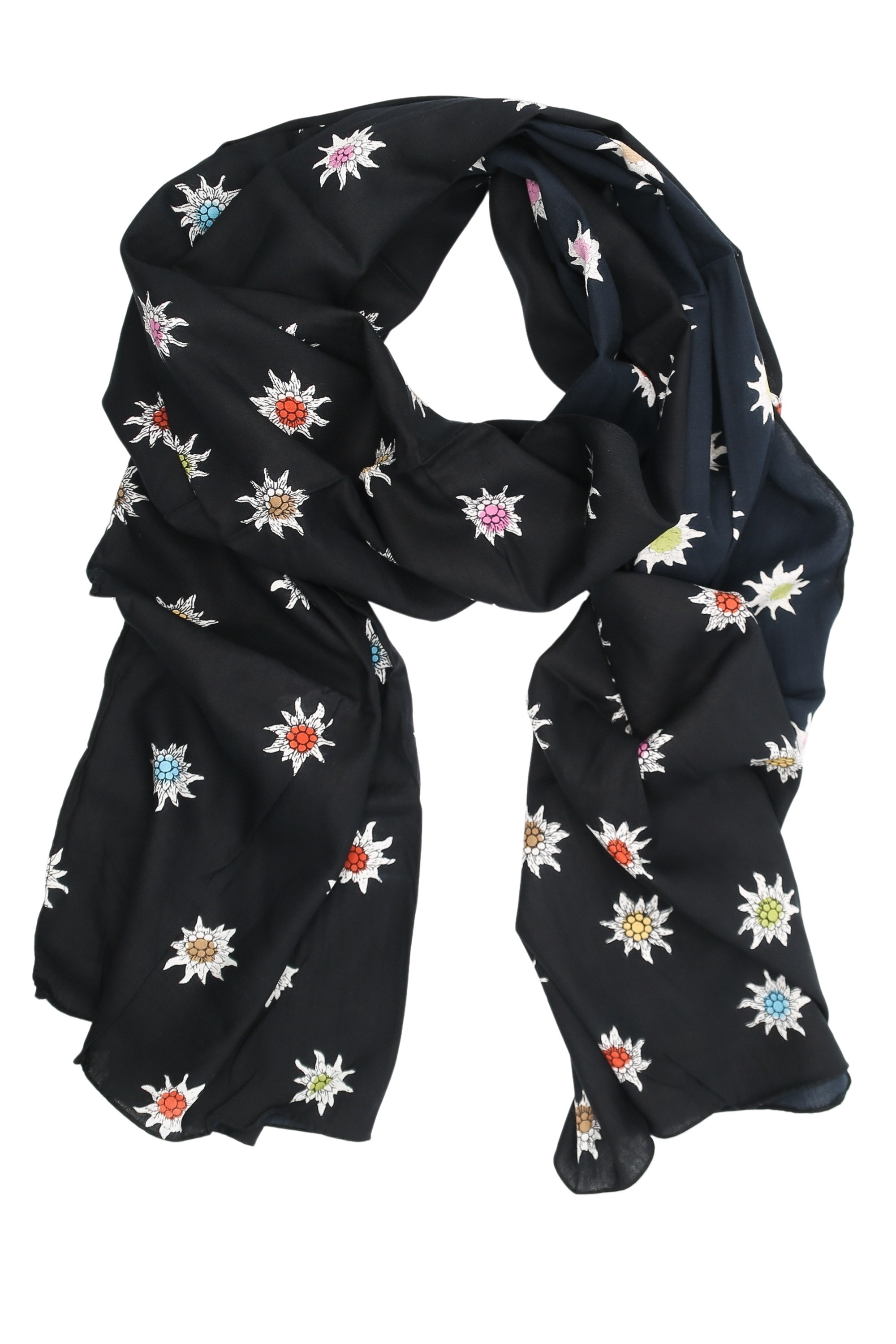 Allgäu Rebell Schal "Edelweiss", 1 Stk. schwarz mit bunten Edelweiß Motiven günstig online kaufen