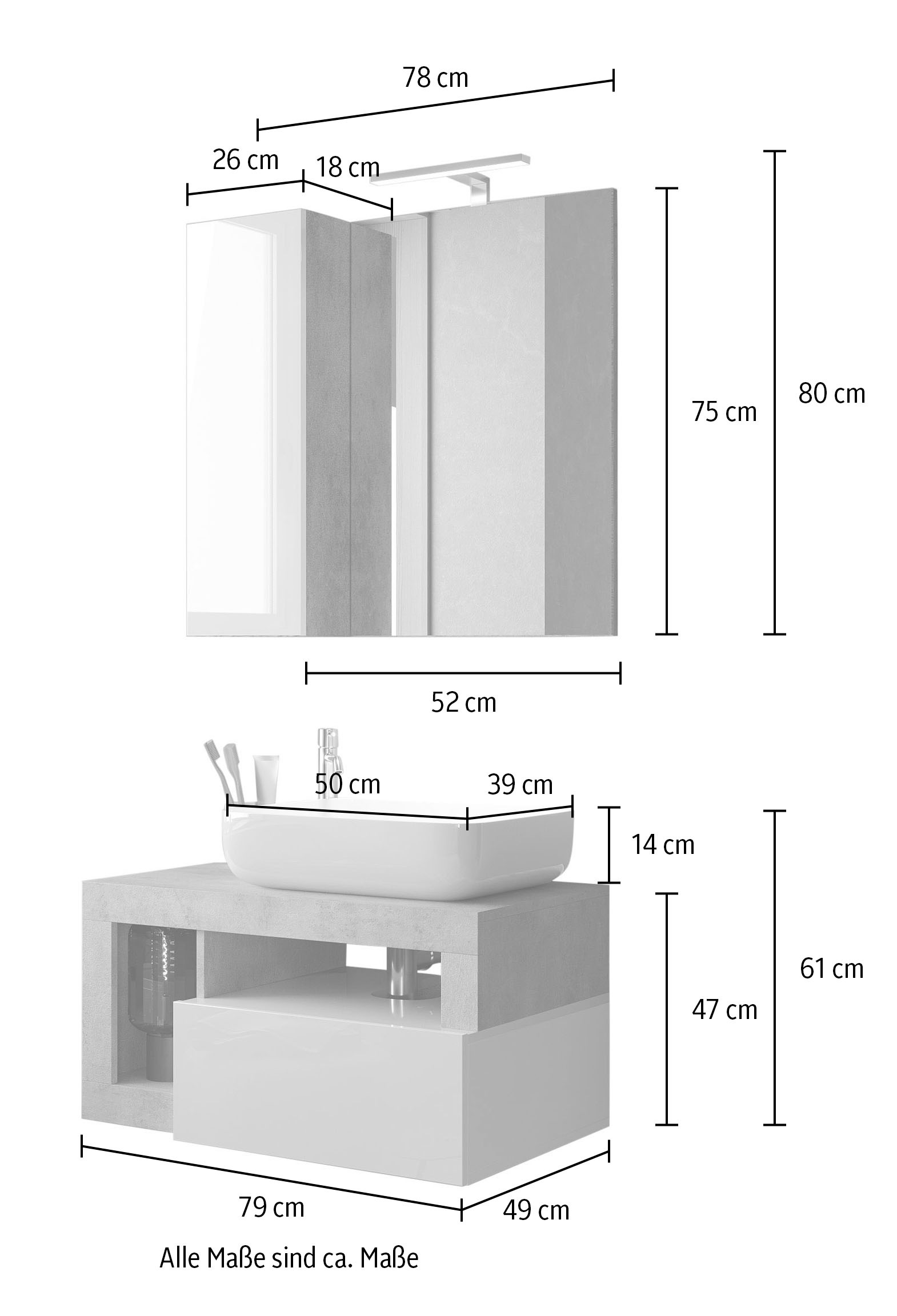 welltime Badmöbel-Set »Hamburg, Badezimmerset 2tlg. Breite 79 cm, Badmöbel, Waschtisch inkl.«, (Spar-Set, 2 St.), Waschbecken, Spiegelschrank mit LED Aufbauleuchte, Soft-Close-Funktion