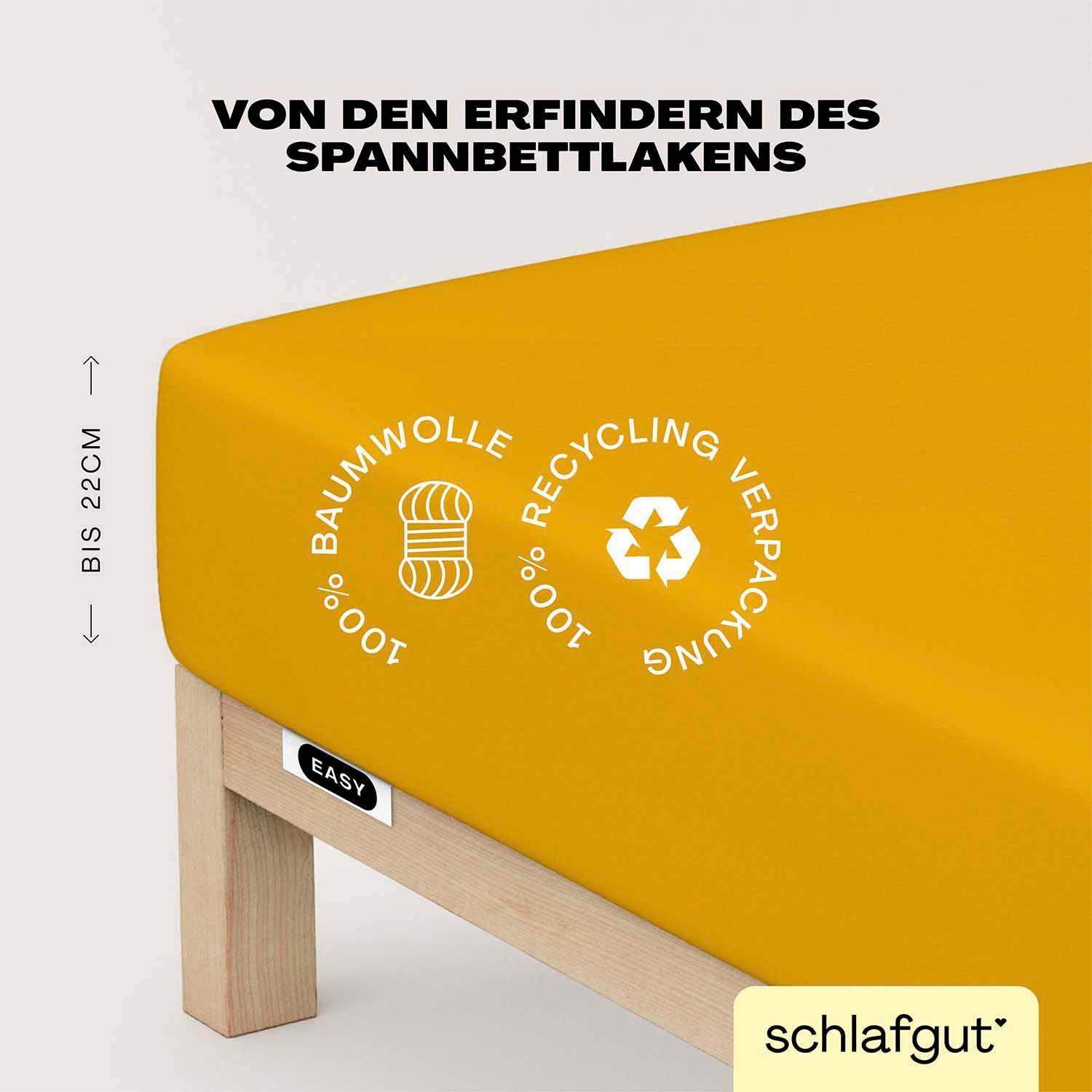 Schlafgut Spannbettlaken "EASY JERSEY Bettlaken, 150 g/m², 100% Baumwolle, Spannbetttuch" Spannbettlaken bis 22 cm Höhe, bügelfrei, pflegeleicht, perfekter Sitz