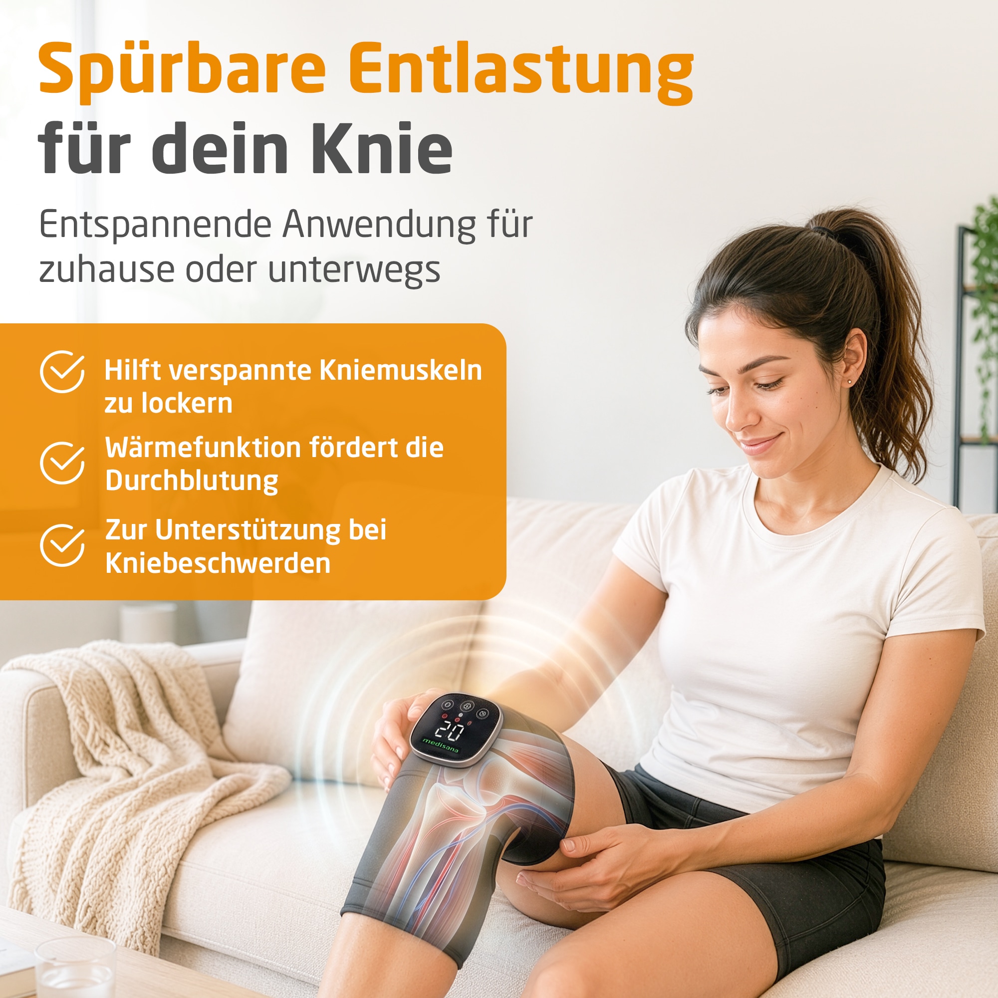 Medisana Massagegerät »KM 100, kabelloses Vibrations-Knie-Massagegerät bei Kniebeschwerden« 3 Wärmestufen, 5 Intensitäten, zuschaltbare Wärmefunktion