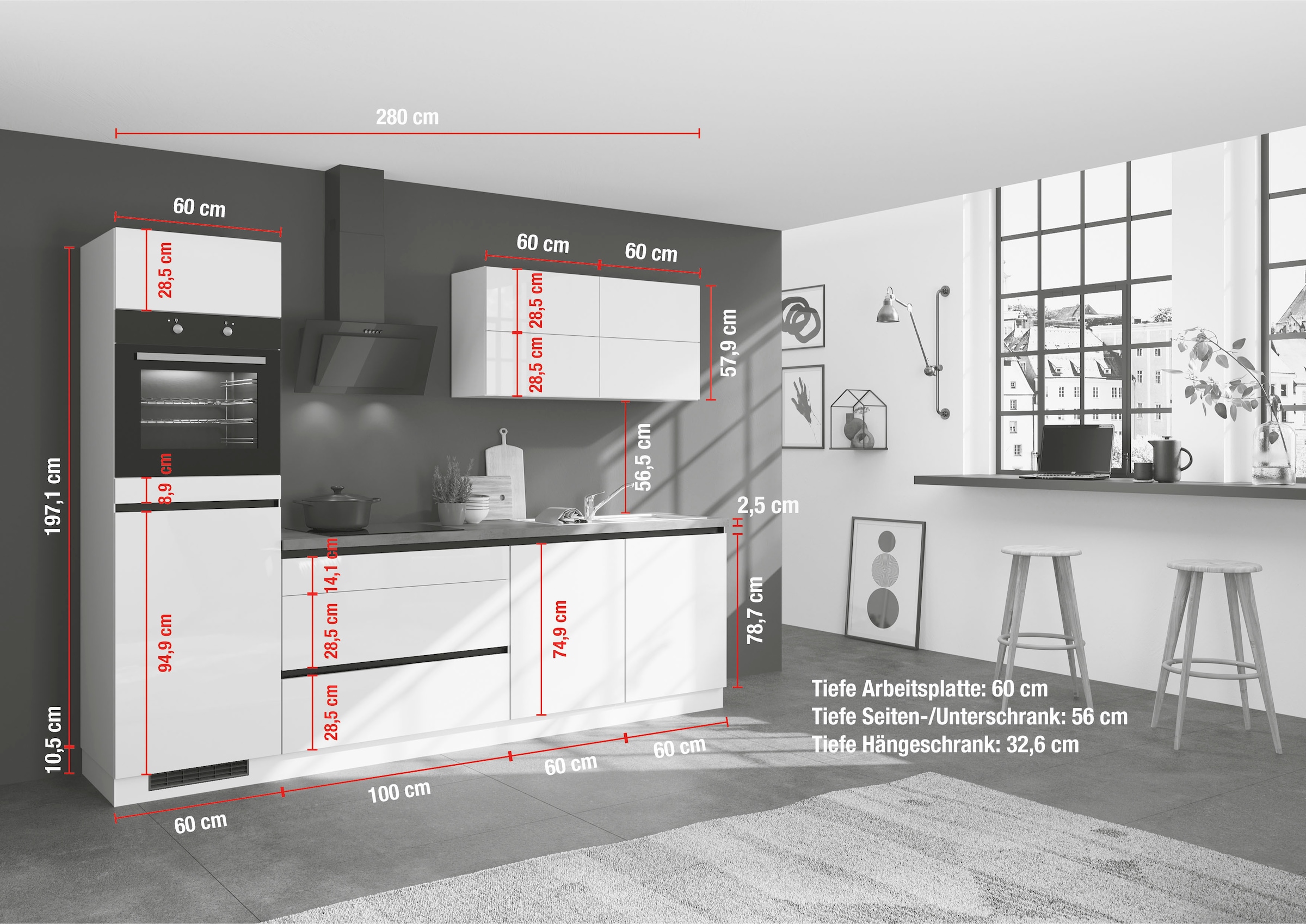 IMPULS KÜCHEN Küchenzeile »"Hamburg", Ausrichtung wählbar, Schubkästen mit Soft-Close,«, vormontiert,wahlweise mit E-Geräten, Breite 280 cm