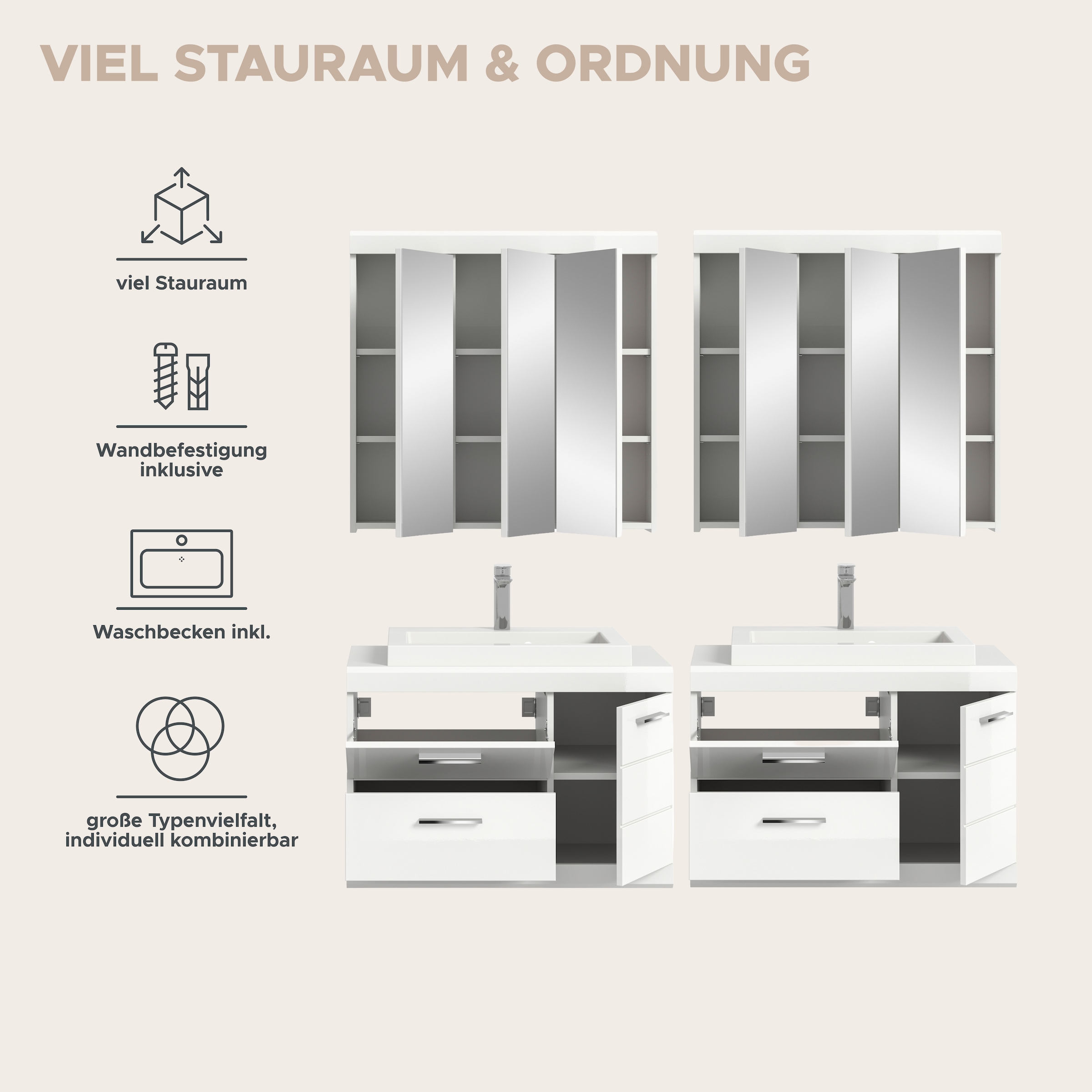welltime Badmöbel-Set »SIENA, 4-teilig, je 2x Waschtisch inkl. Waschbecken & Spiegelschrank«