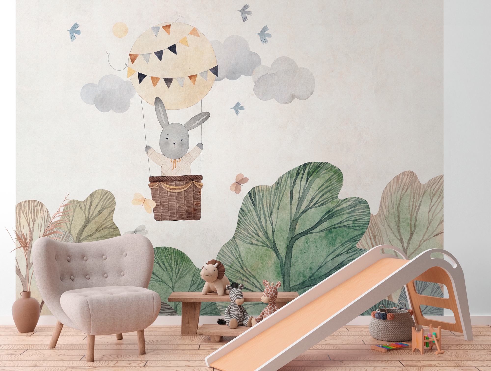 living walls Fototapete »THE WALL III Kinderzimmer Tapete Motivtapete Hase Kinder«, matt, Vliestapete Heißluftballon Schlafzimmer Küche Wohnzimmer Kinderzimmer
