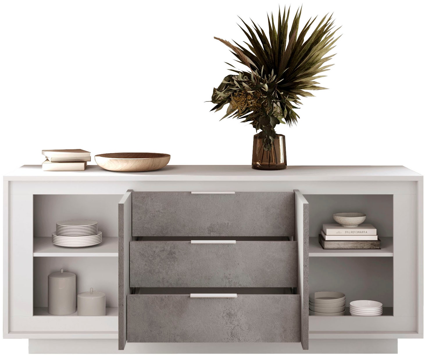 Home affaire Sideboard »Sky, B/T 180/50 cm, Kommode/Stauraumschrank, 2 Türen, 3 Schubkästen« Softclosing, Korpus & Front 22 mm stark, Rahmen-Optik, Metallgriffe
